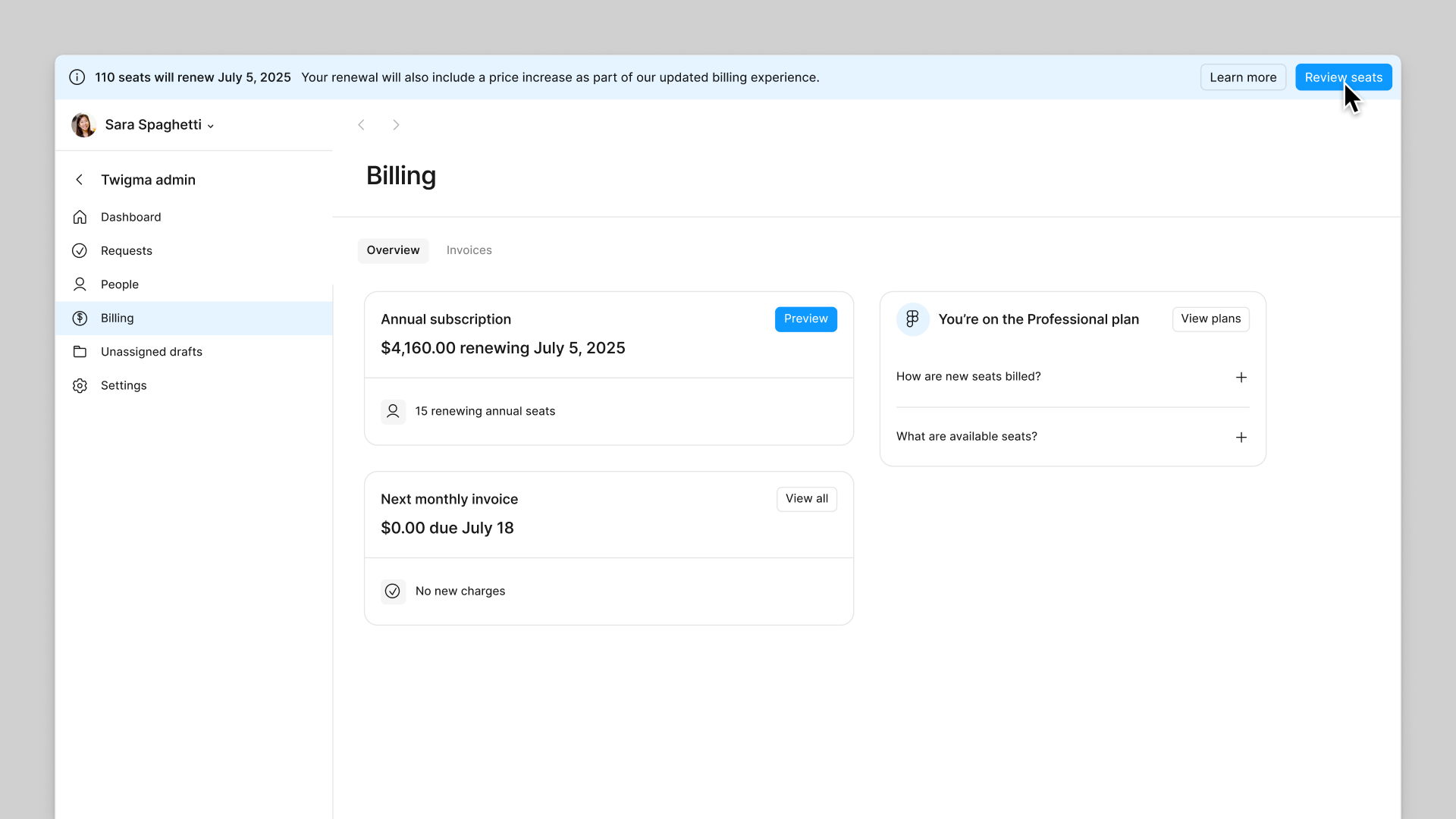 Review your seats from the banner when your annual subscription is upcoming.