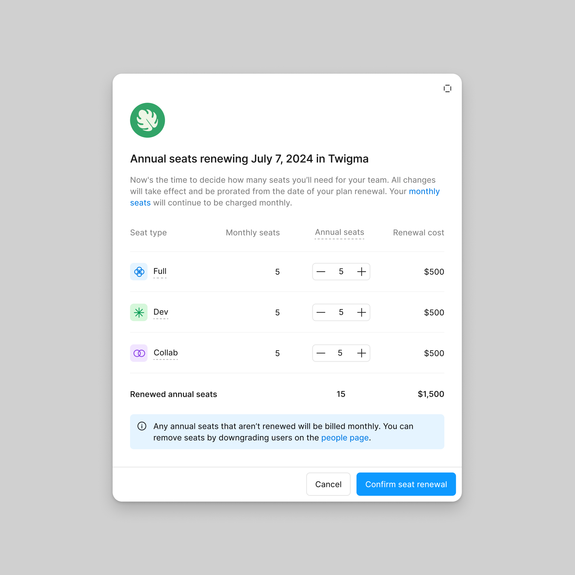 From the renewal modal, you can select how many of each seat type you want to include in your subscription.