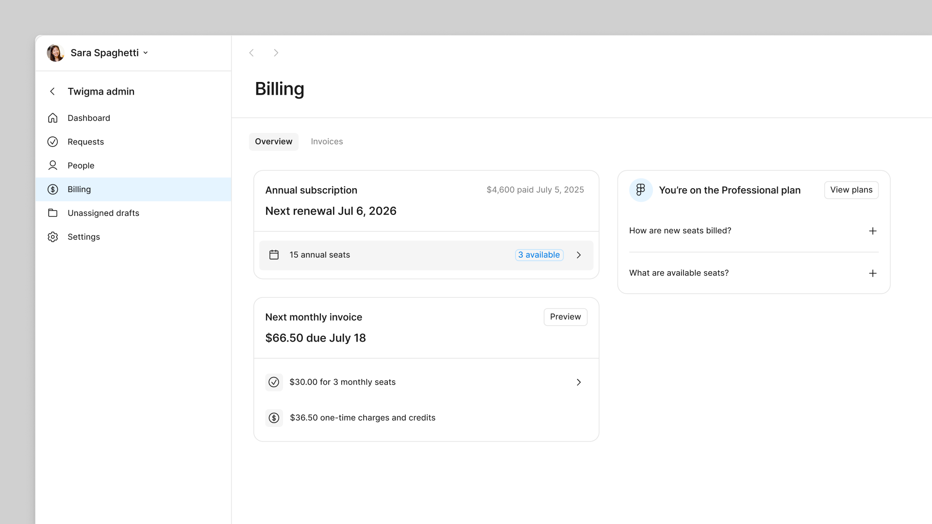 The billing overview page on the Professional annual plan.