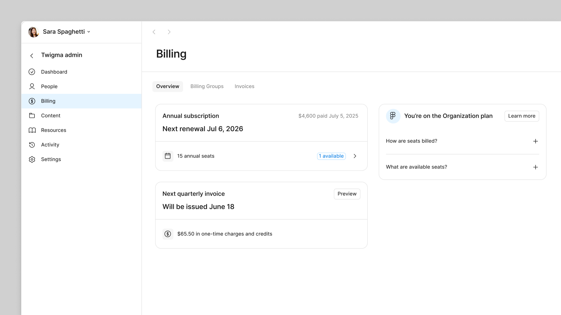 The billing overview page on the Organization plan.