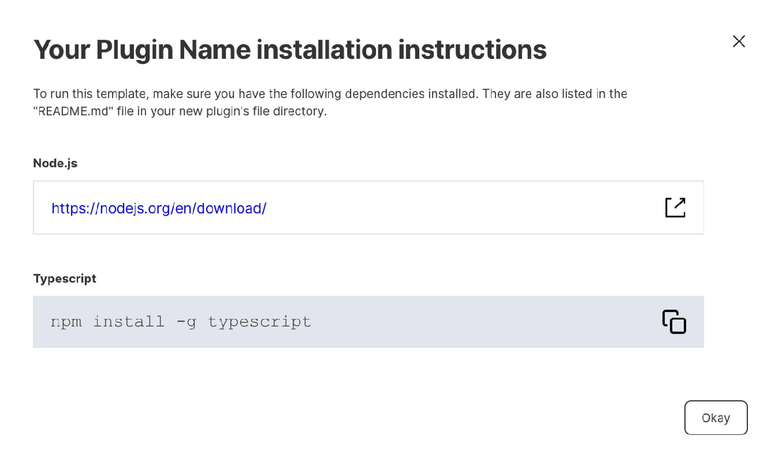 Installation instructions modal with options for further actions including downloading node.js or copying install code