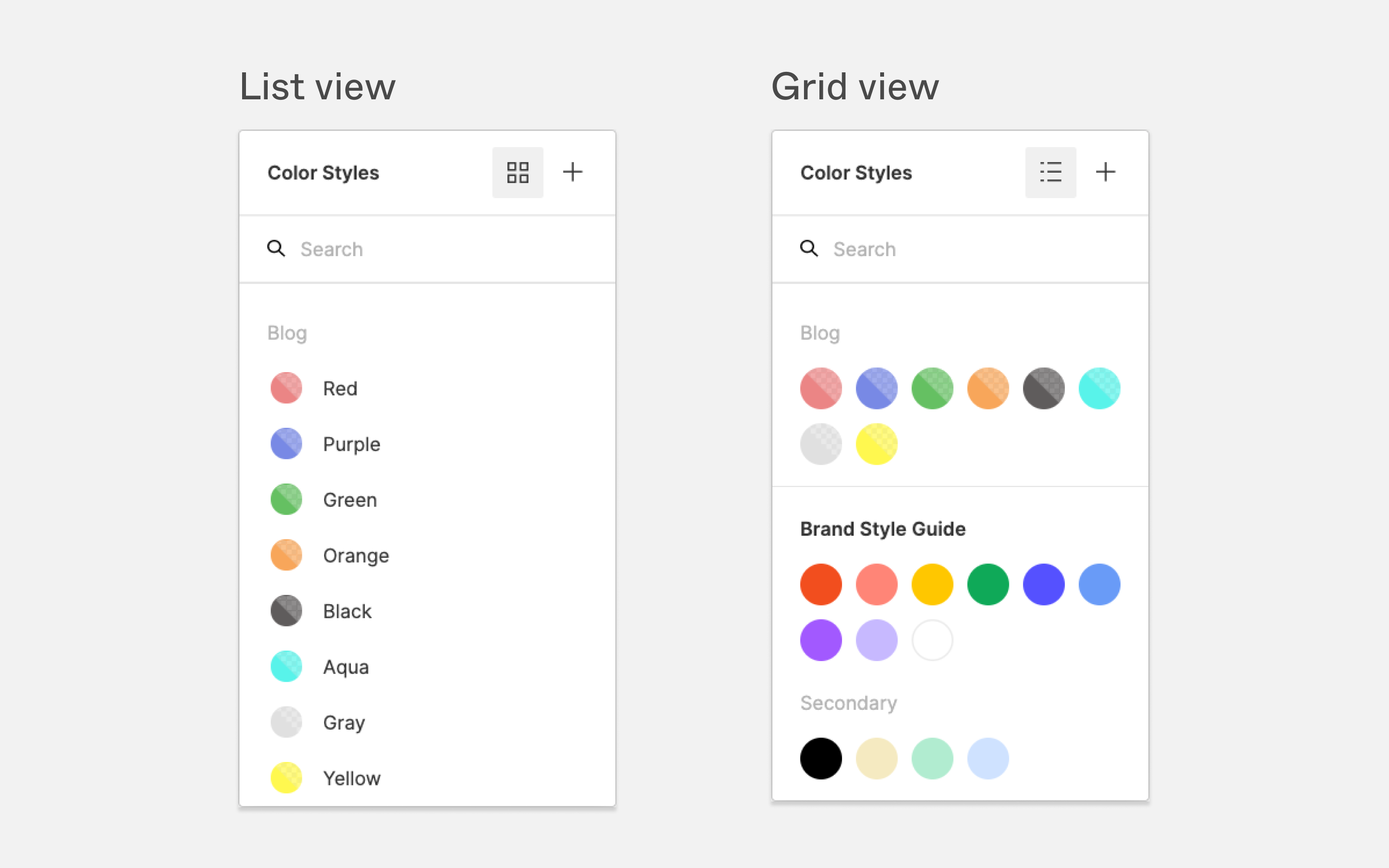 Color Style picker list and tile views