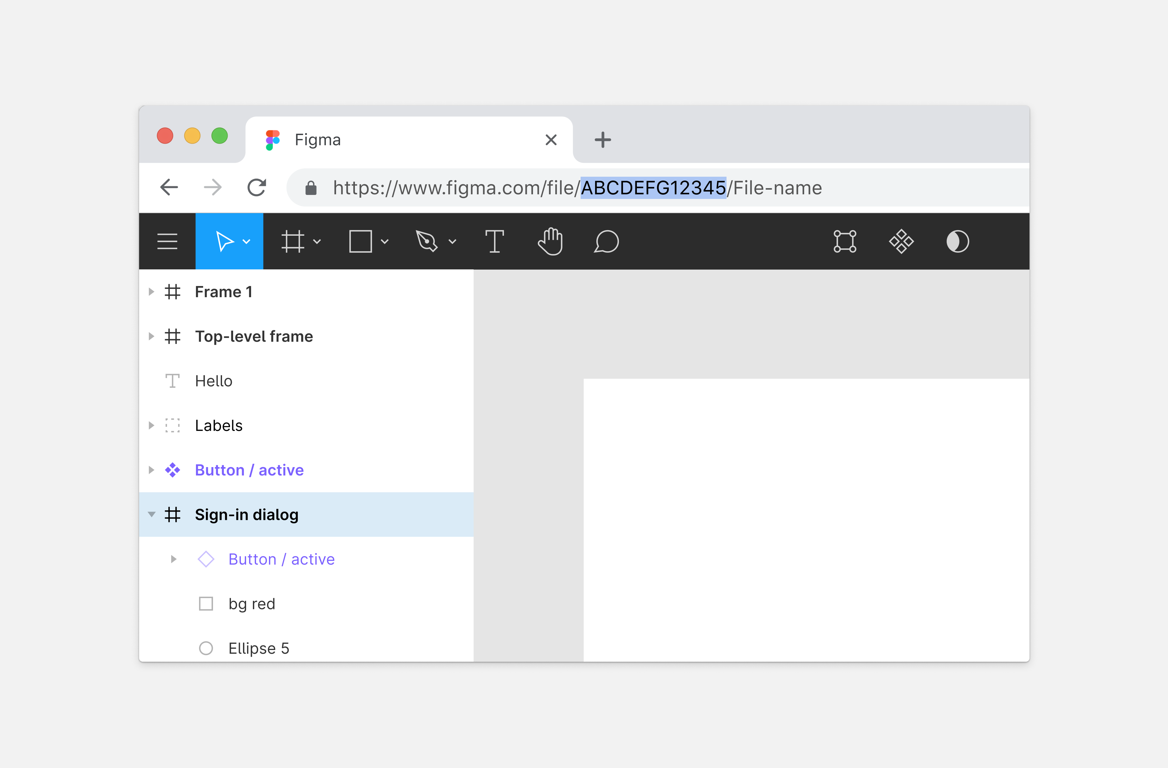 View of a browser address bar with a Figma file's URL highlighted at the ID