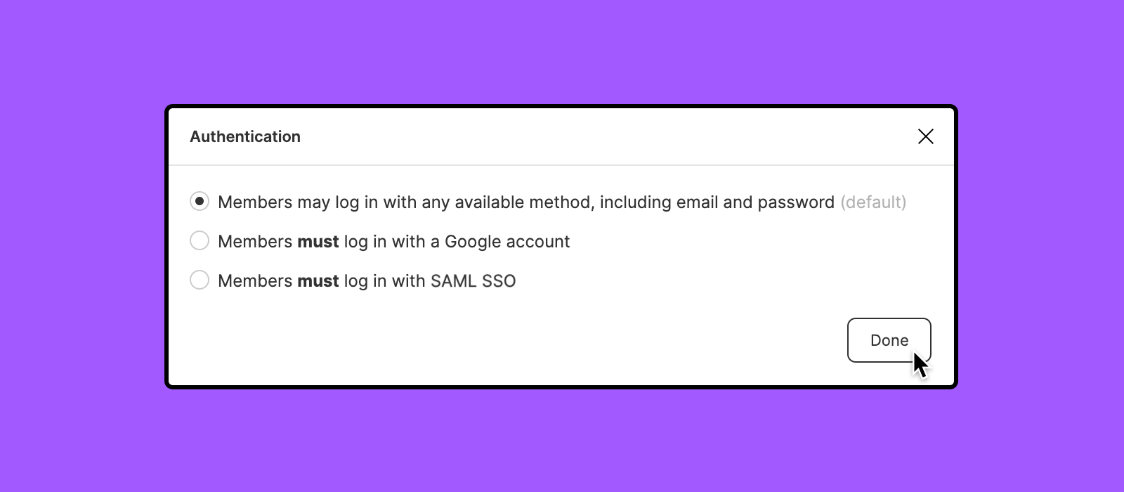 Authentication modal with the methods available in an Organization