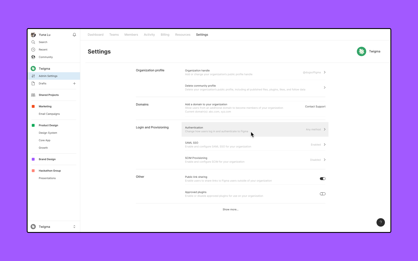 Authentication option highlighted in the Login and Provisioning section of the Settings page