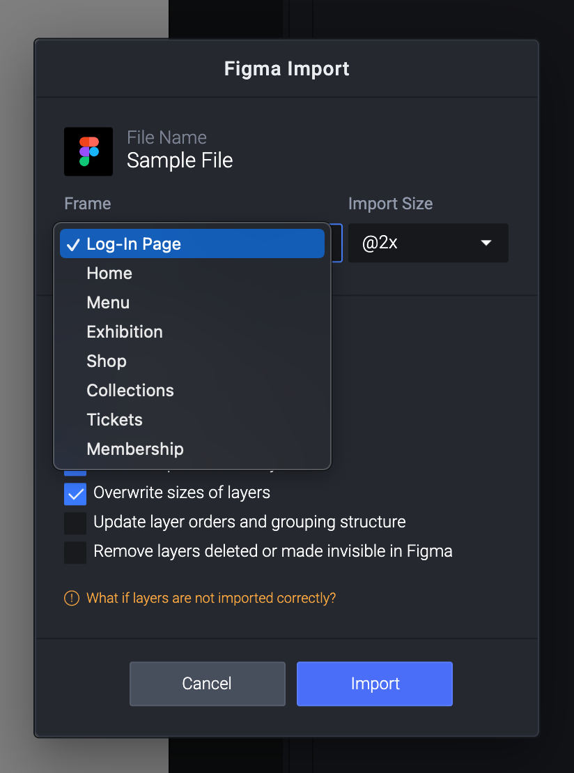 Selecting a frame in the ProtoPie import modal