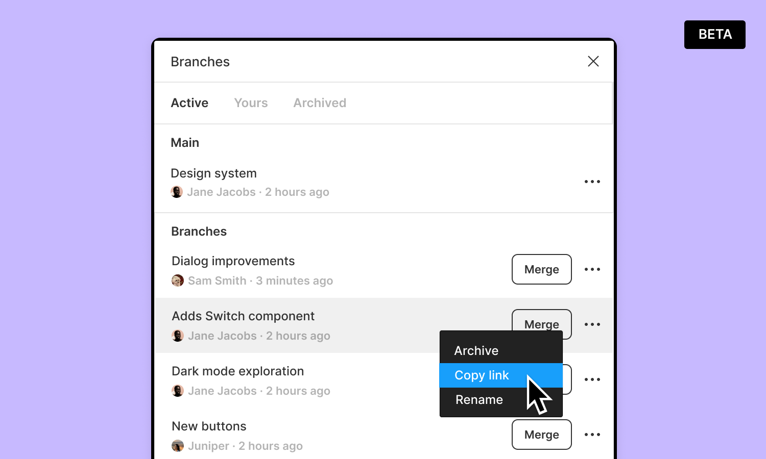 Branch modal in Figma with the three dot menu open for one branch and the cursor hovering over the copy link option