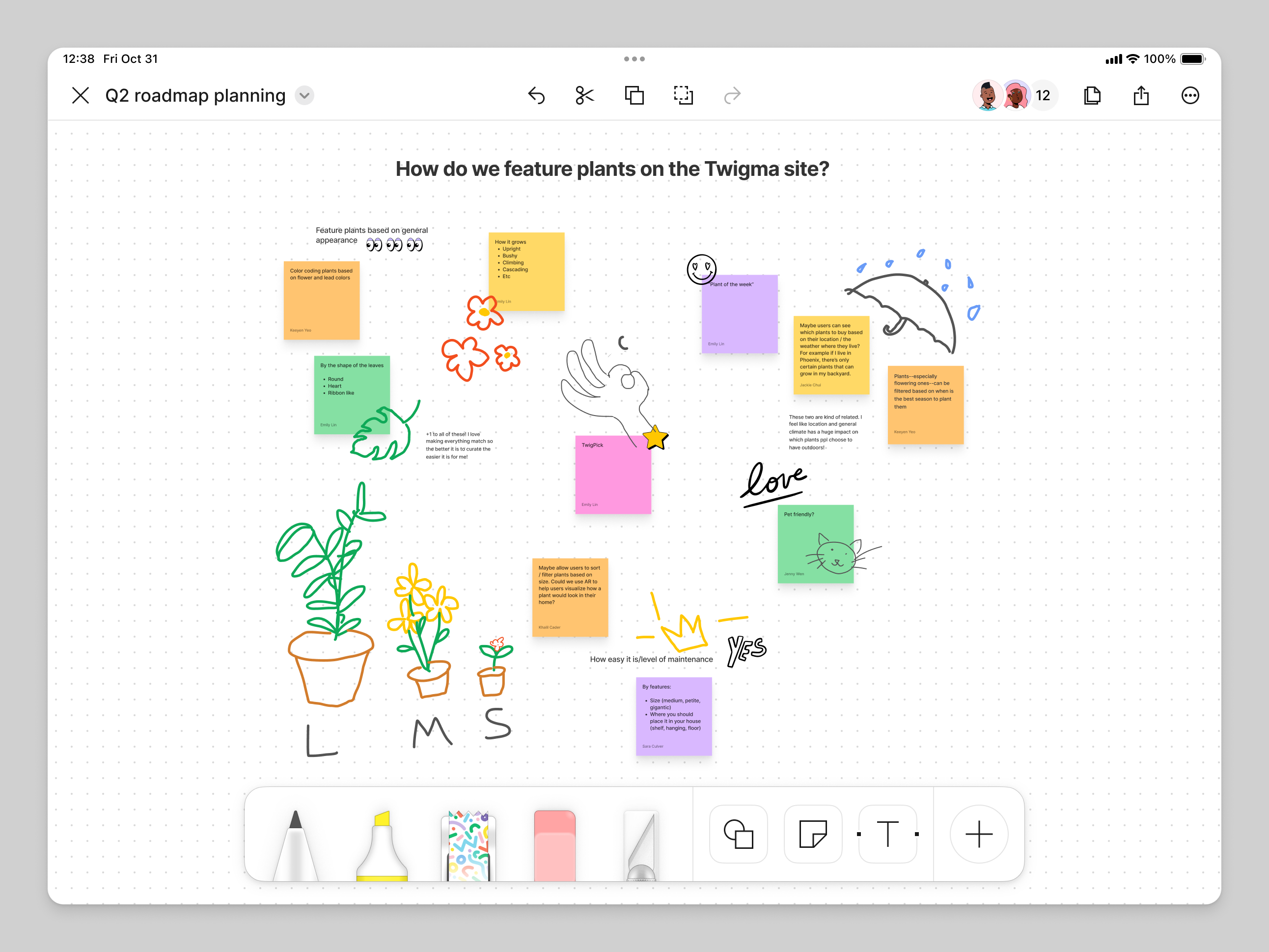 Image of a FigJam board on an iPad, including a colorful board with stickies, highlights, and shapes