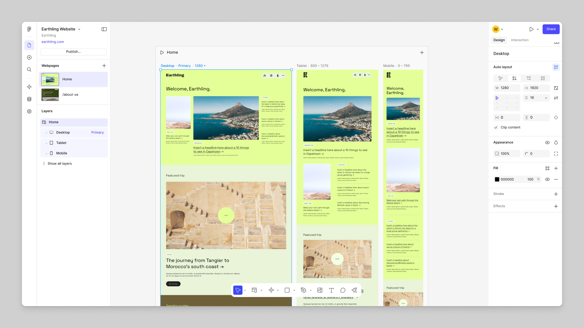 Figma Sites interface showing a web design project with desktop, tablet, and mobile views, left navigation, bottom toolbar, and right sidebar properties.