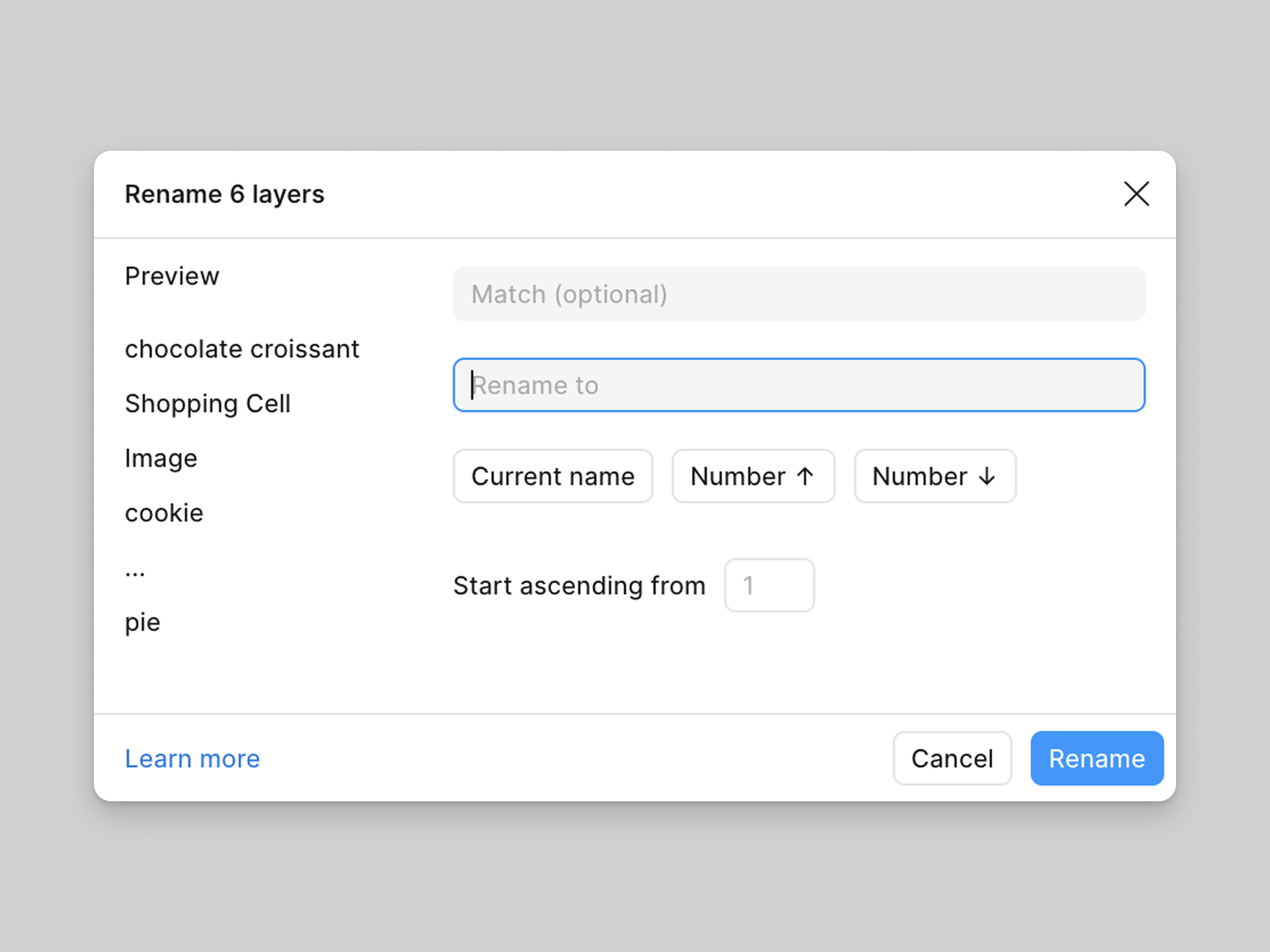 Modal para renomear camadas exibindo campos para “Corresponder” e “Renomear para”, com opções para nome atual, numeração ascendente, numeração descendente e lista de pré-visualização.