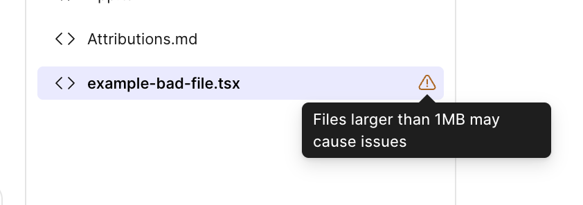 Ícono de advertencia junto a un archivo llamado example-bad-file.tsx que indica que el archivo supera el límite de tamaño de 1 MB.