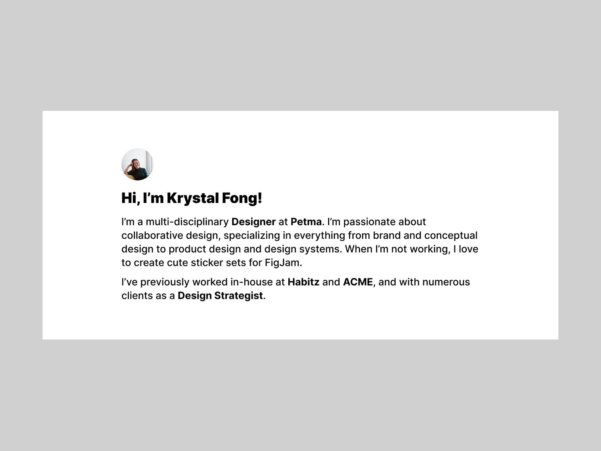 ポートフォリオのランディングページ用のアバター、名前、説明を含む個人バイオヒーローセクション。