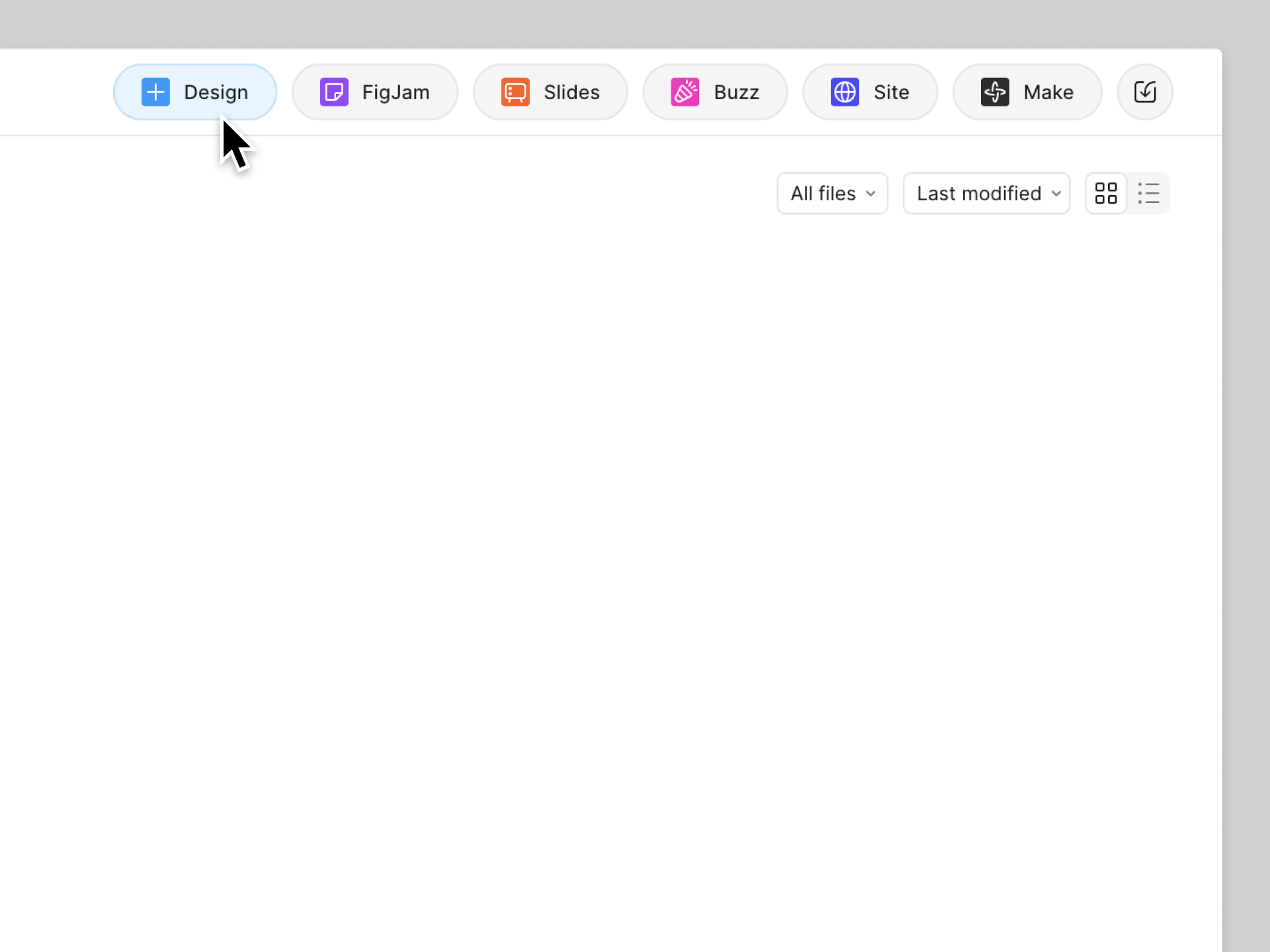カーソルが「デザイン」のファイルオプションを選択して新しいFigma Designファイルを作成しています。