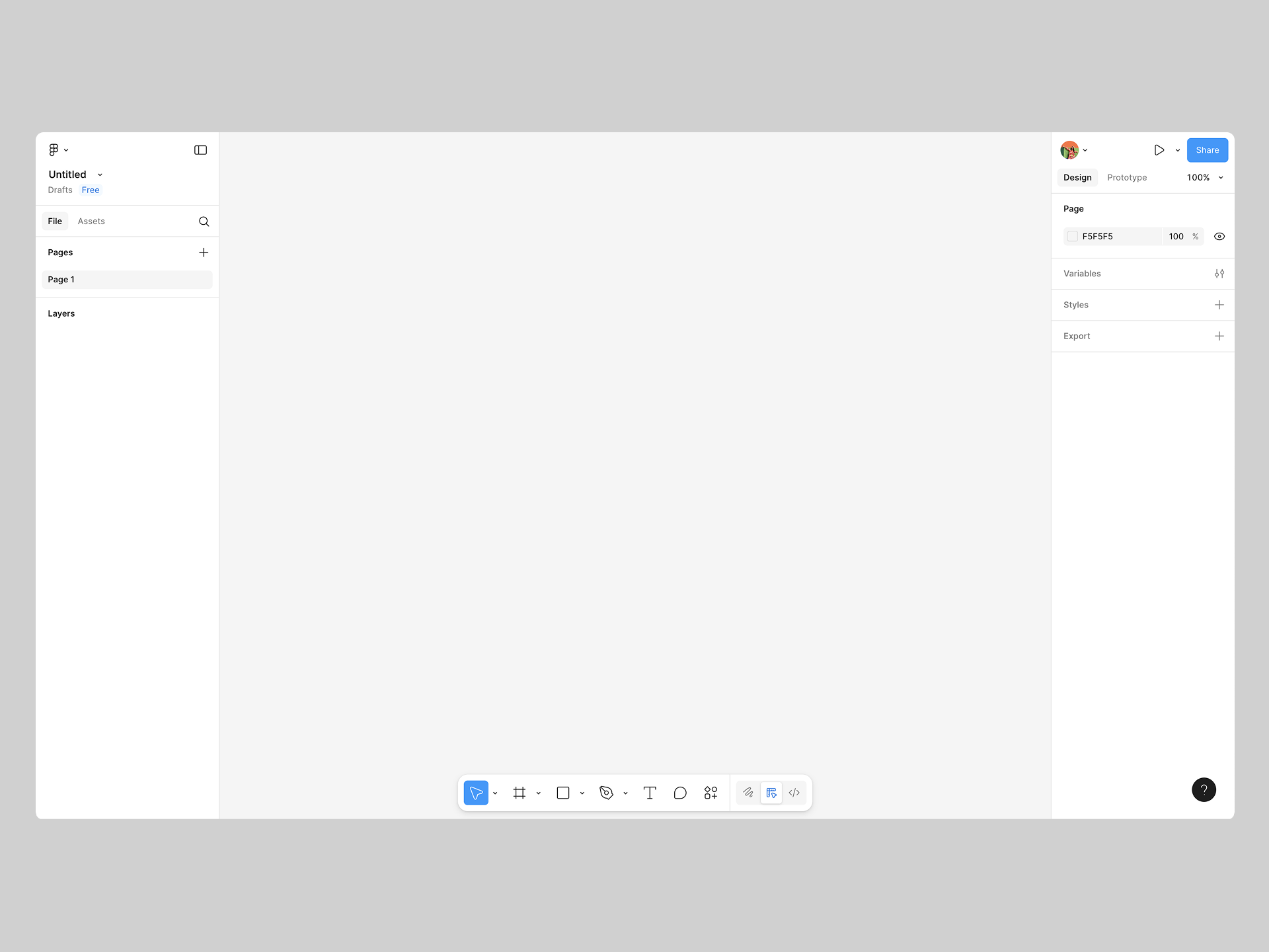 Figma Designエディタは、デザインを作成するためのツールバー、左と右のサイドバー、および空白のキャンバスで構成されています。