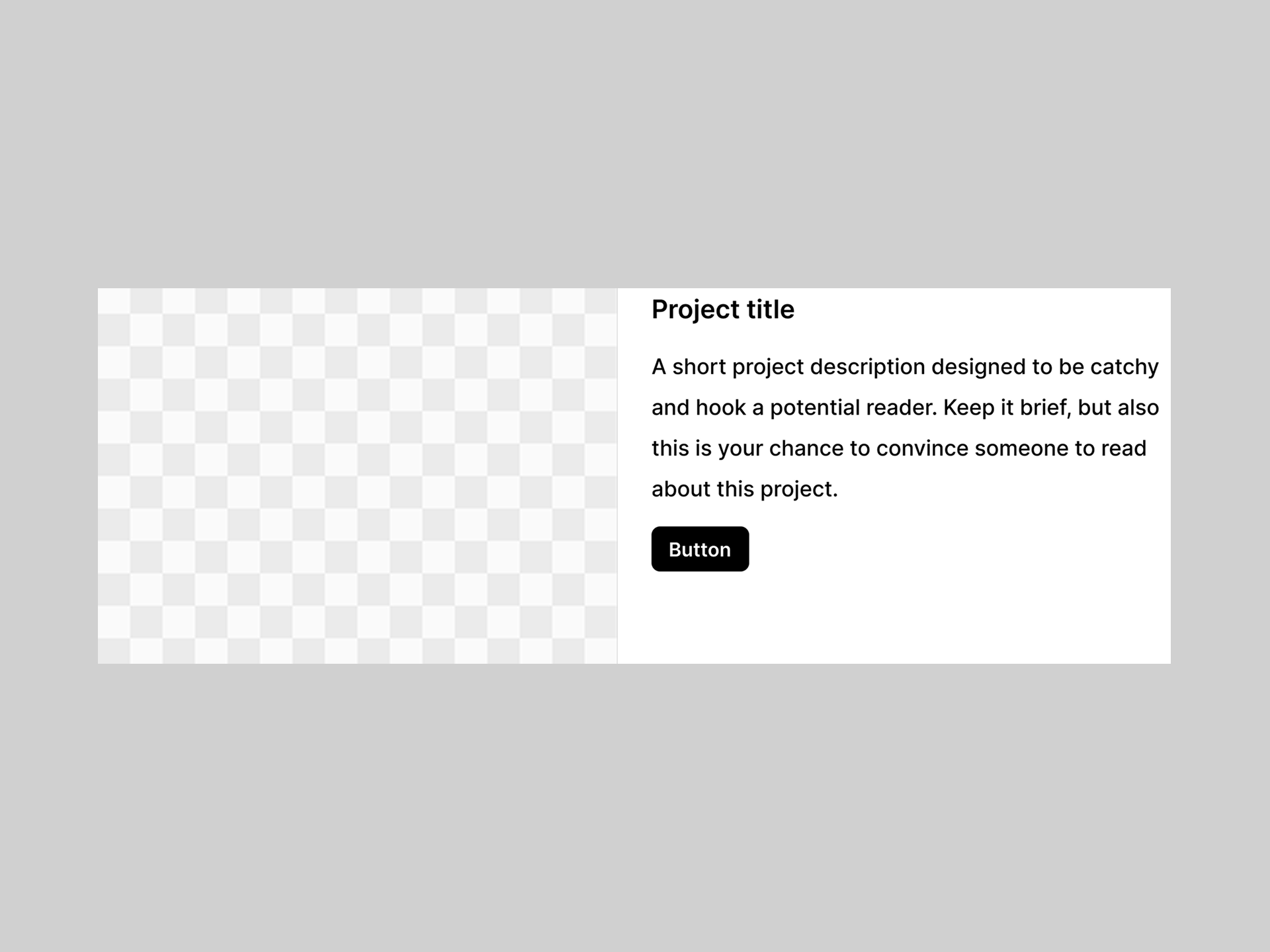 画像プレースホルダー、プロジェクトタイトル、短い説明、CTAボタンを備えたレスポンシブカード要素。