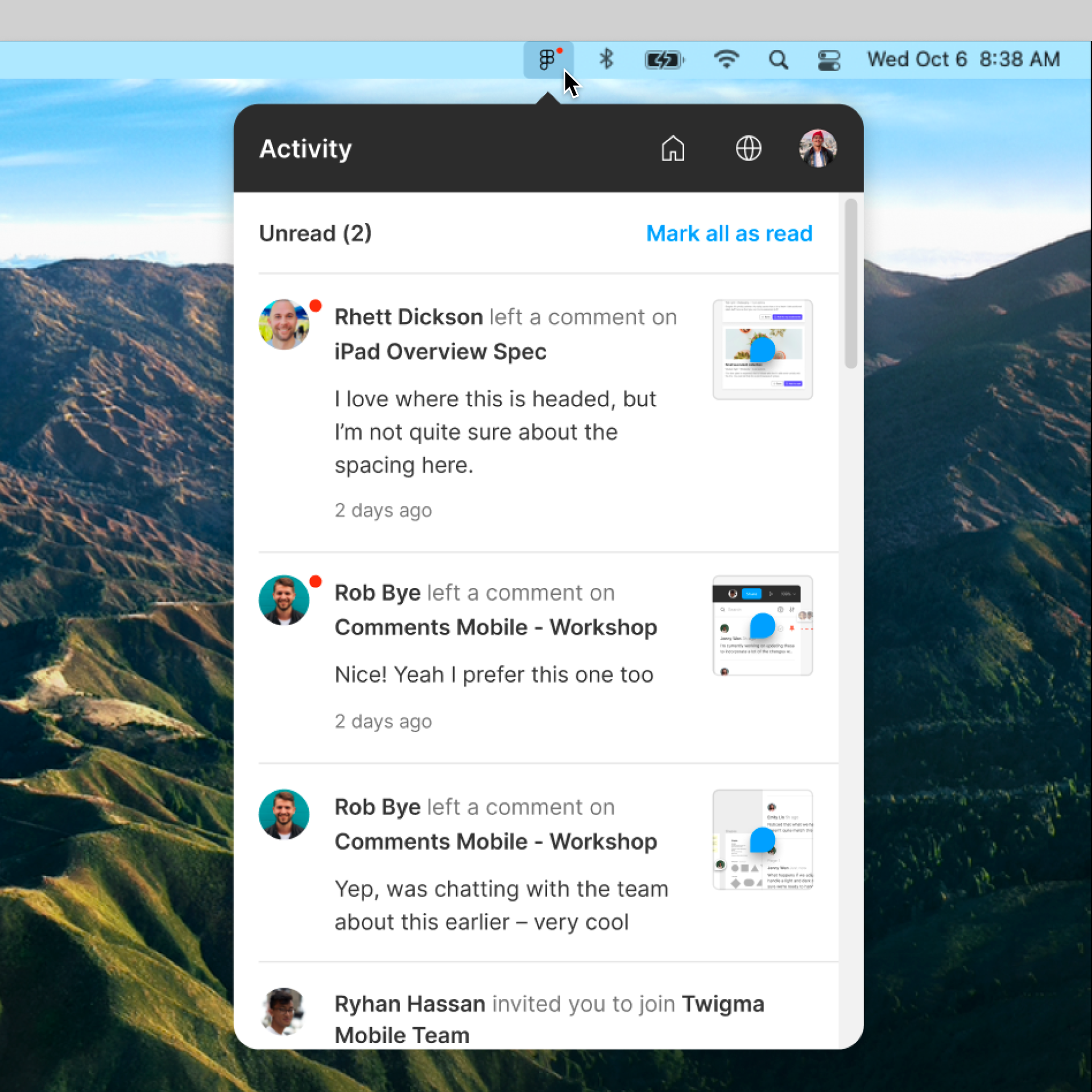 Centro de notificaciones en la parte superior de un Mac. Figma está seleccionado, por lo que las notificaciones de Figma son visibles.