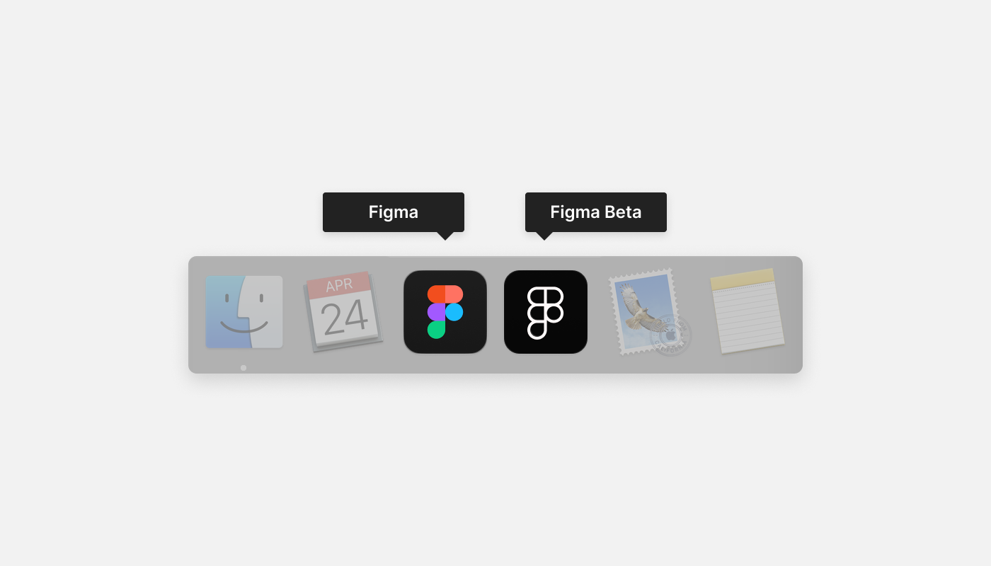 Bild der Figma- und Figma-Beta App-Icons hervorgehoben auf Mac Dock.