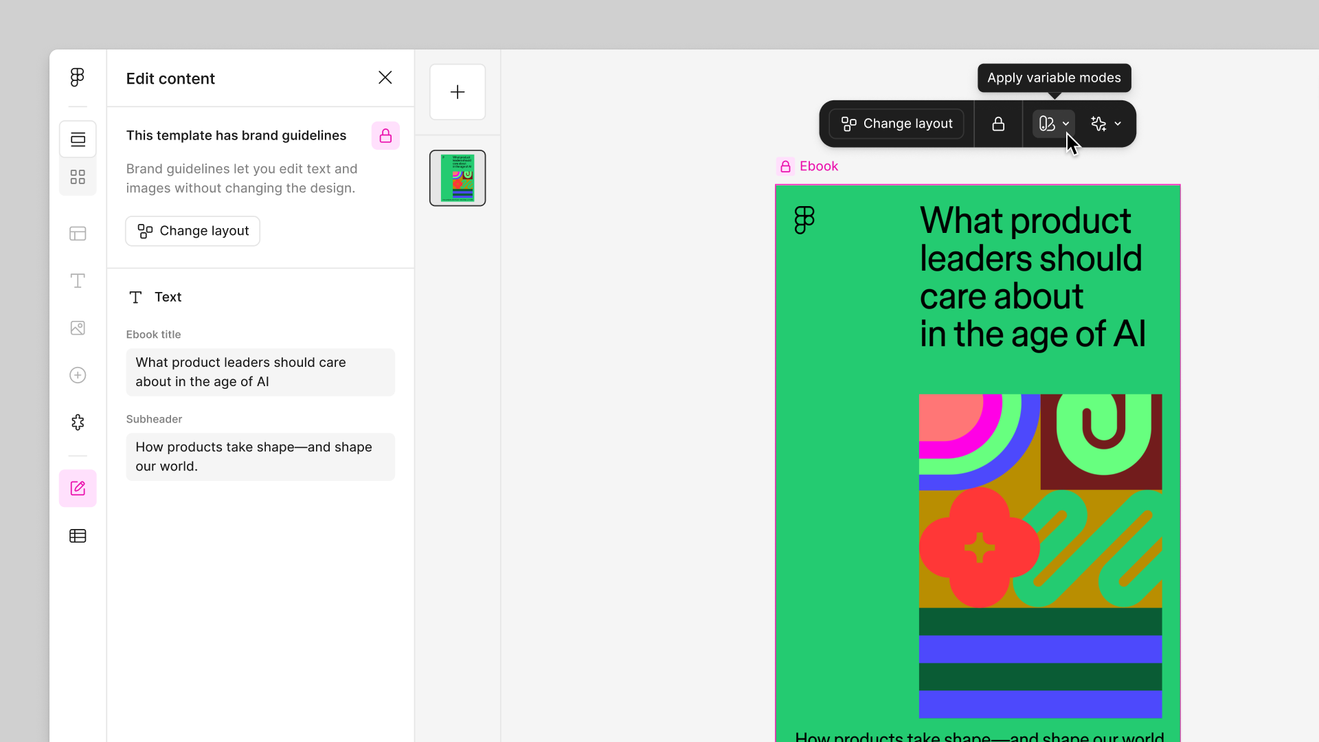 An asset is selected. From the inline toolbar, the Apply variable modes icon is selected.
