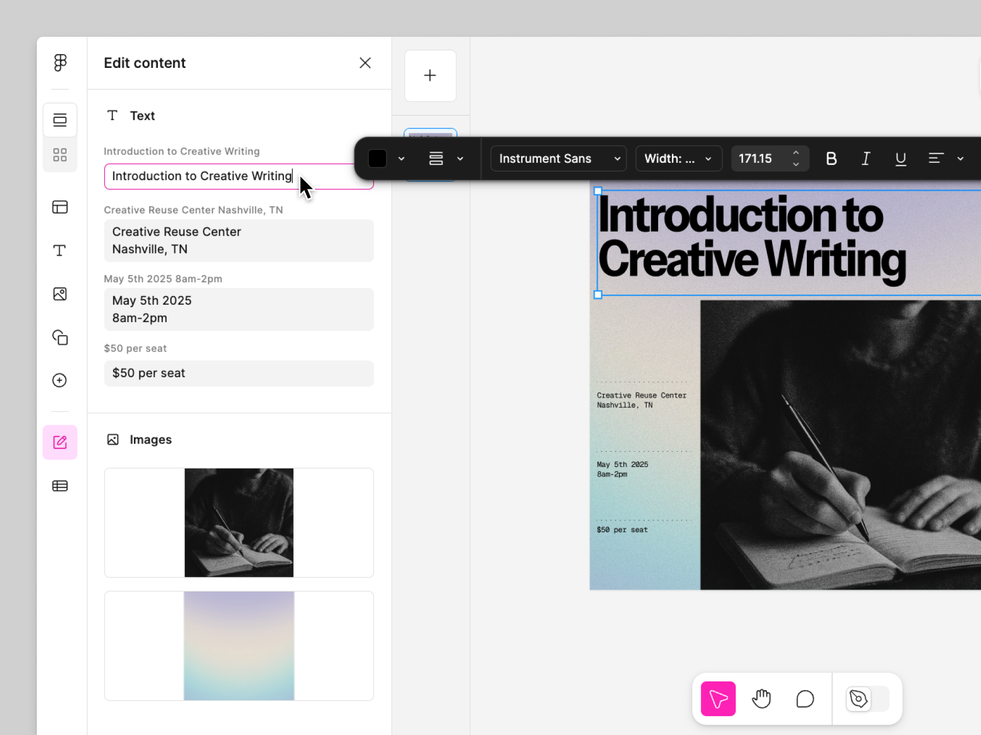 An asset is selected and the user is editing text content from the Edit content panel.