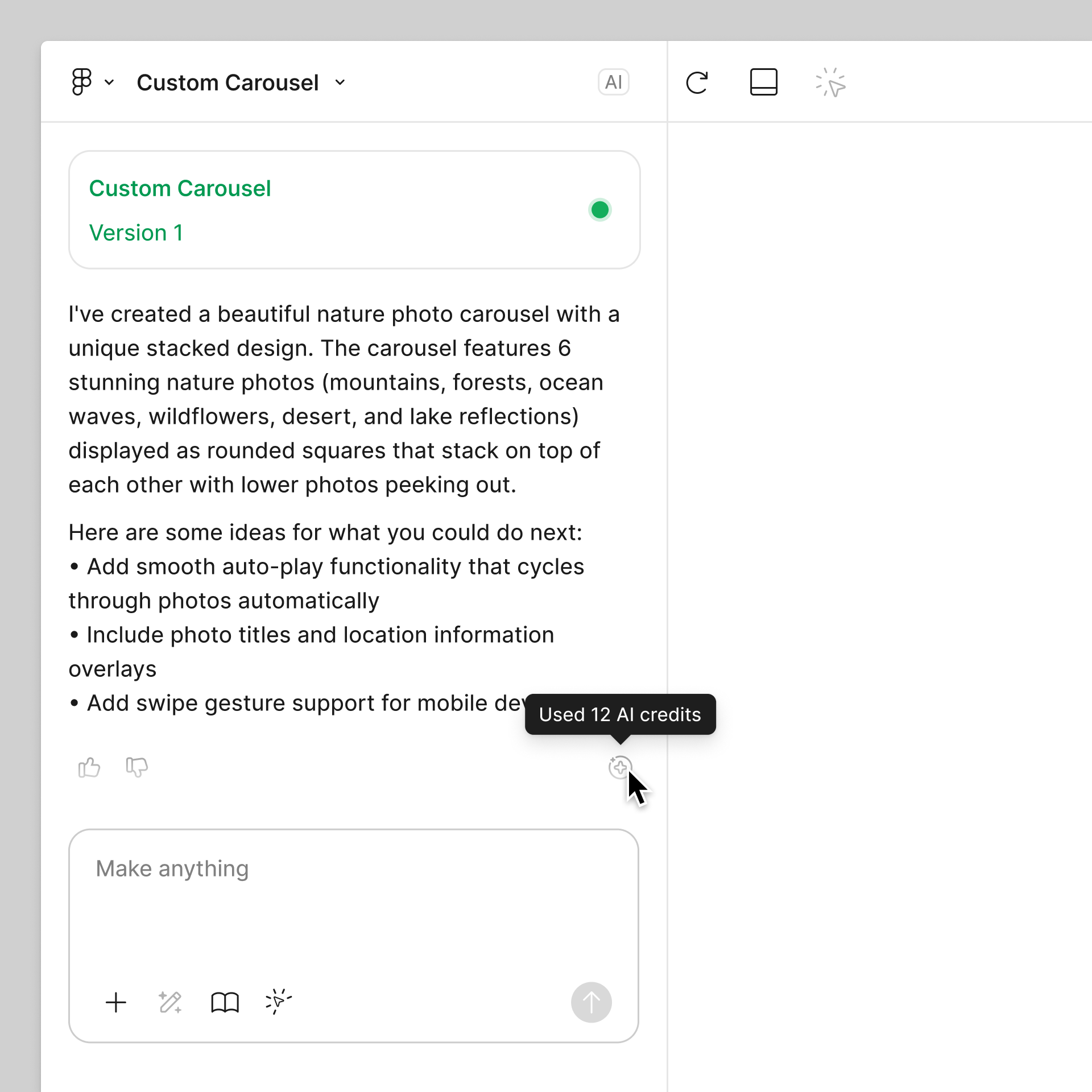 En Figma Make, el cursor se sitúa sobre el ícono de créditos de IA después de enviar una indicación. Un mensaje emergente muestra el número de créditos utilizados.
