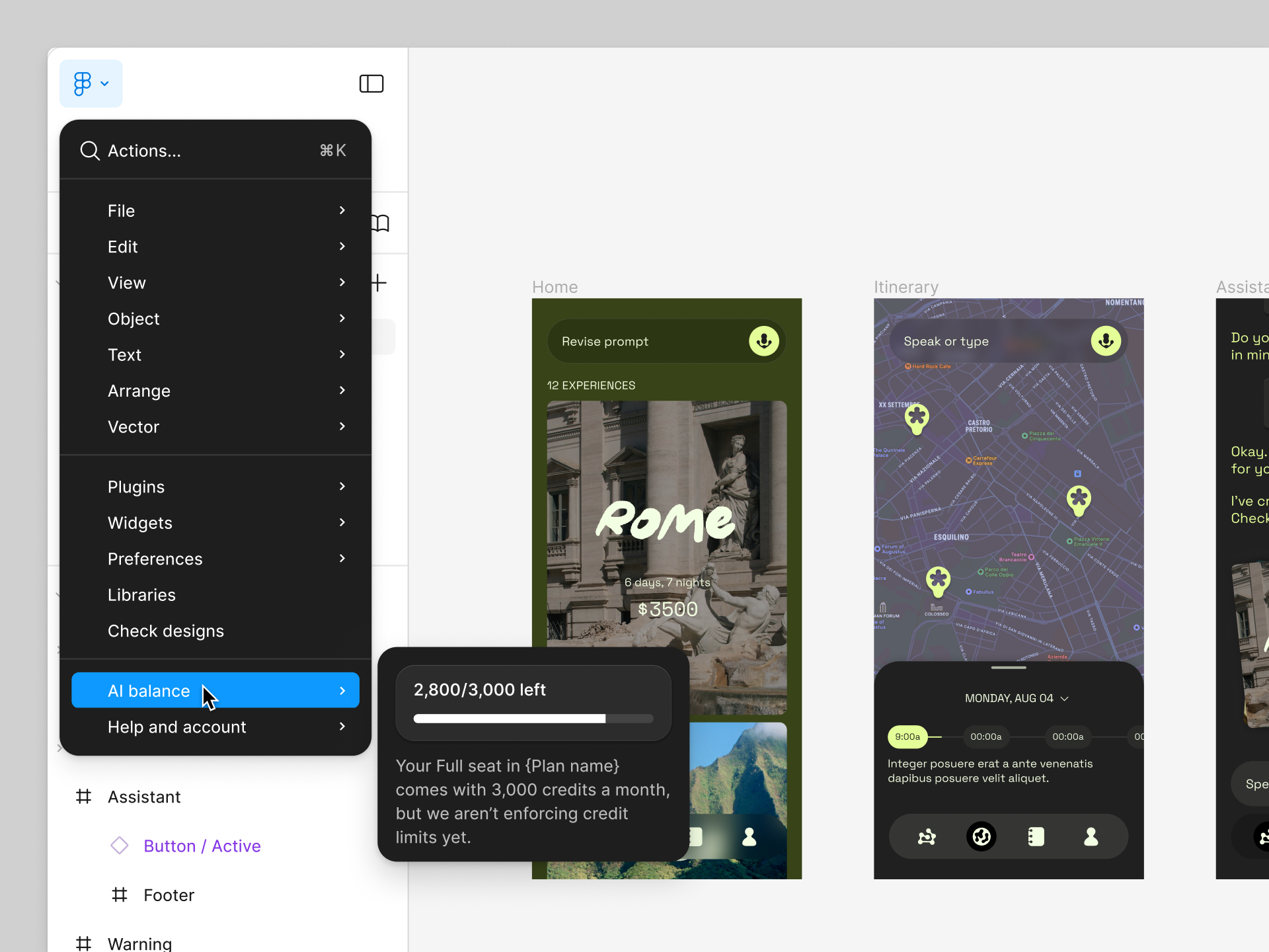 A user checks their AI credit balance from the file menu inside a Figma file.