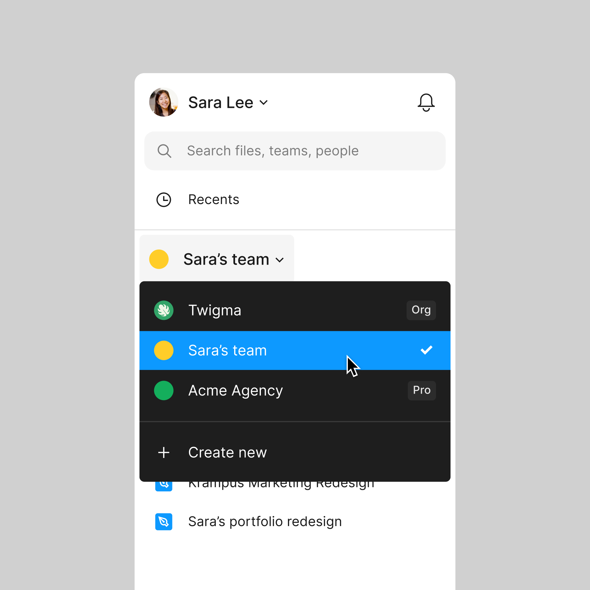 The left sidebar of the file browser, where you can click your team name to switch between teams your account is associated with.