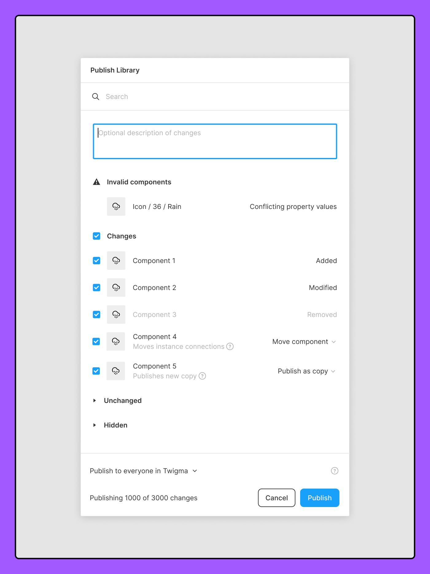 Figmaの公開モーダルには、変更概要オプション、無効なコンポーネント、ライブラリを共有するための公開ボタンが表示されます。