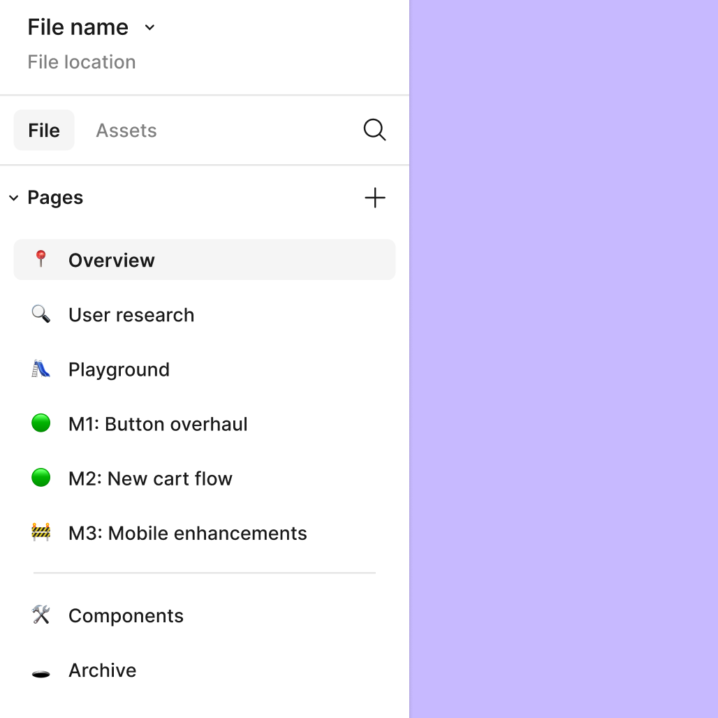 Explorador de archivos Figma que muestra páginas organizadas por hitos, como descripción general, investigación de usuarios y componentes, en una barra lateral izquierda.
