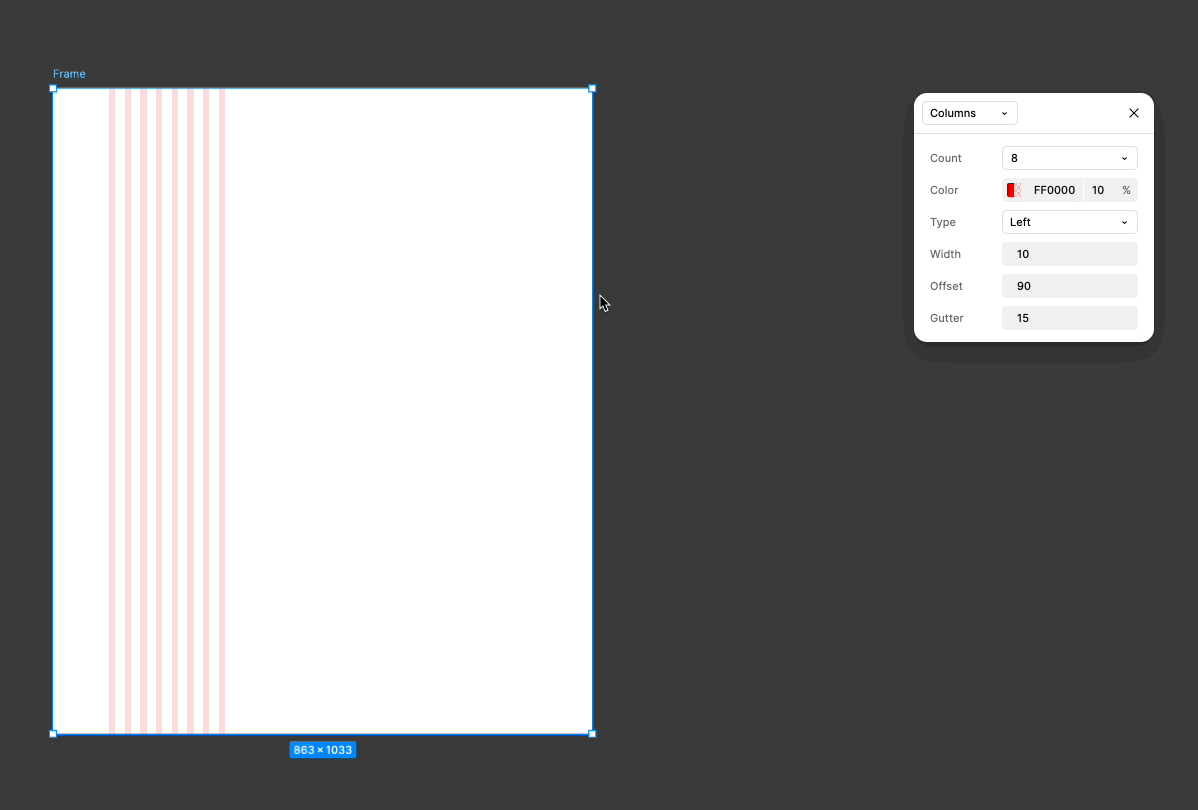 Disposición de columna Estirar con configuración de tipo izquierdo y margen rojo en un panel de diseño. Las guías se pueden configurar para que se estiren o permanezcan fijas cuando se cambia el tamaño del marco.
