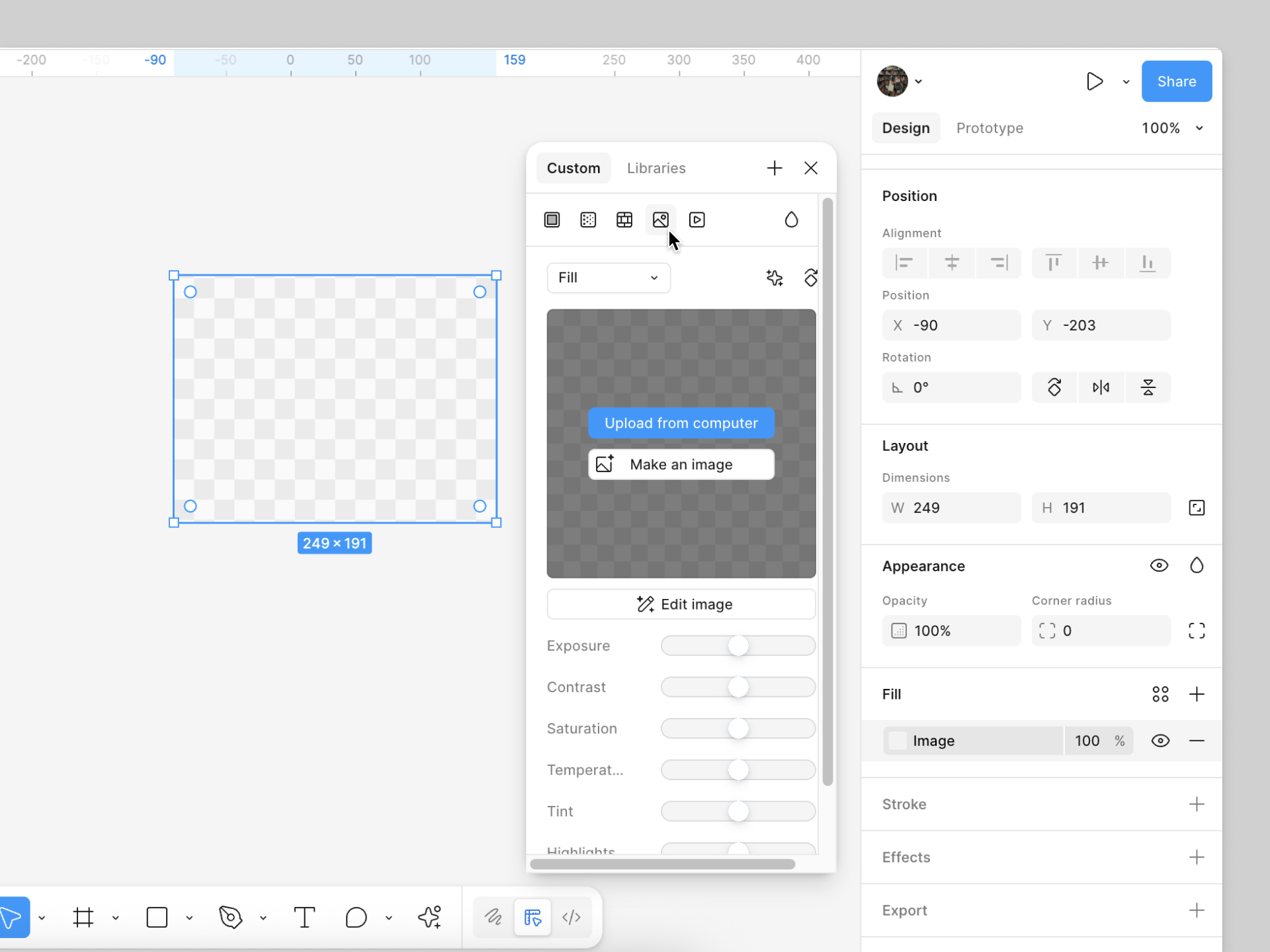 Plan de travail avec un calque rectangle défini pour être rempli par une image téléchargée ; les options de remplissage incluent "Importer depuis l