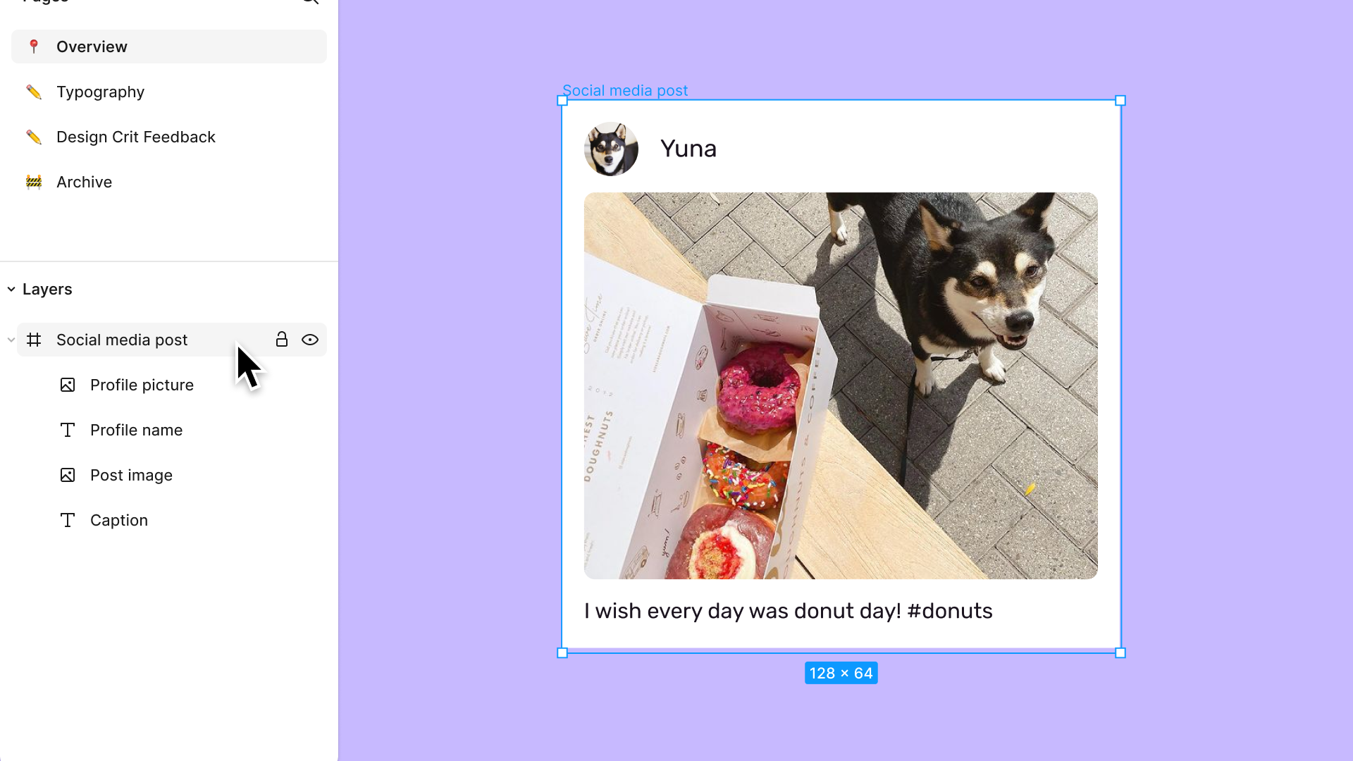 Social-Media-Beitragsdesign, das einen Hund mit Donuts zeigt, einschließlich Profilname, Bild und Bildunterschrift auf einer geschichteten Figma-Arbeitsfläche.
