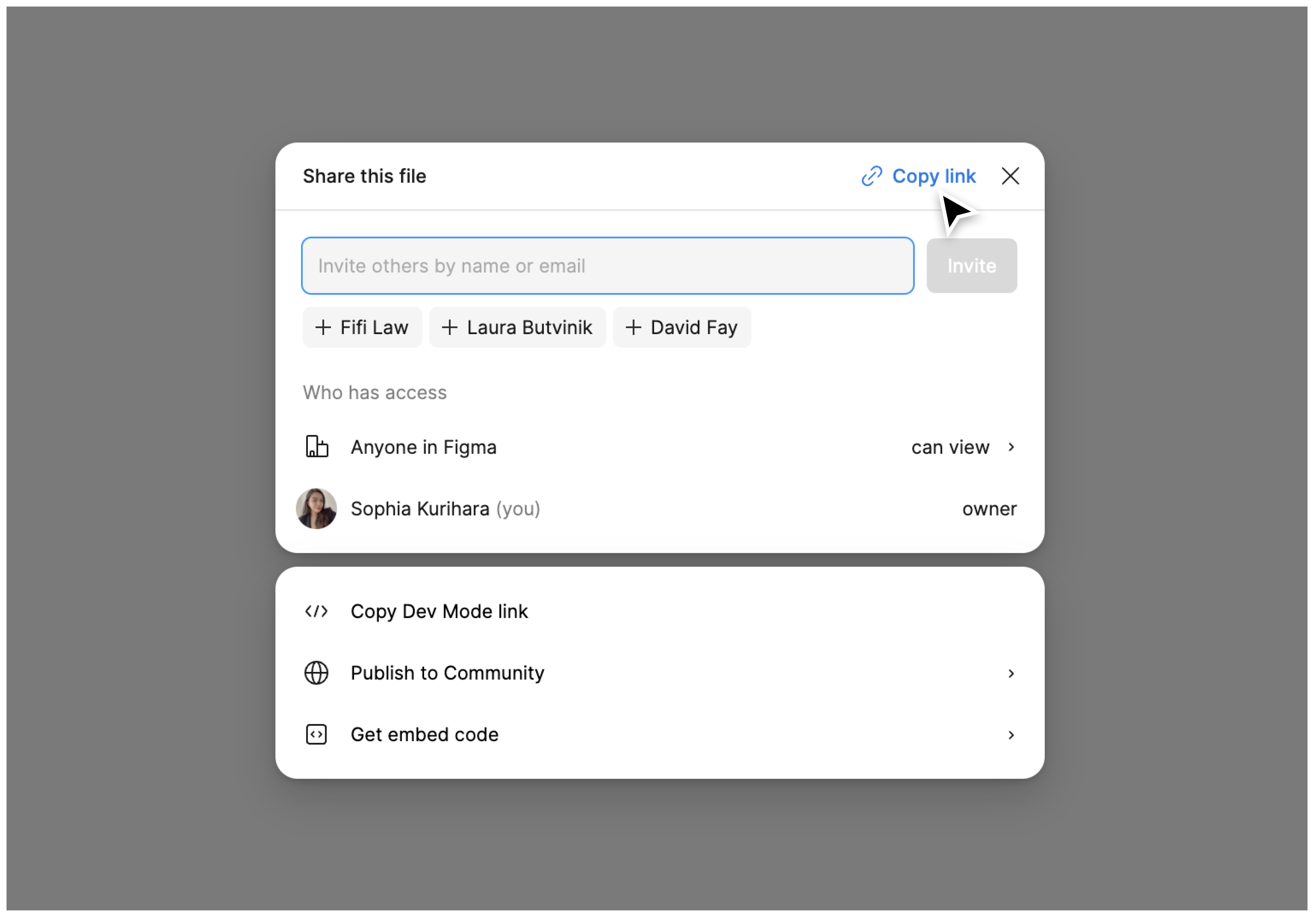 Modal de uso compartido con opciones para invitar a colaboradores, configurar permisos y copiar el enlace del archivo en Figma.