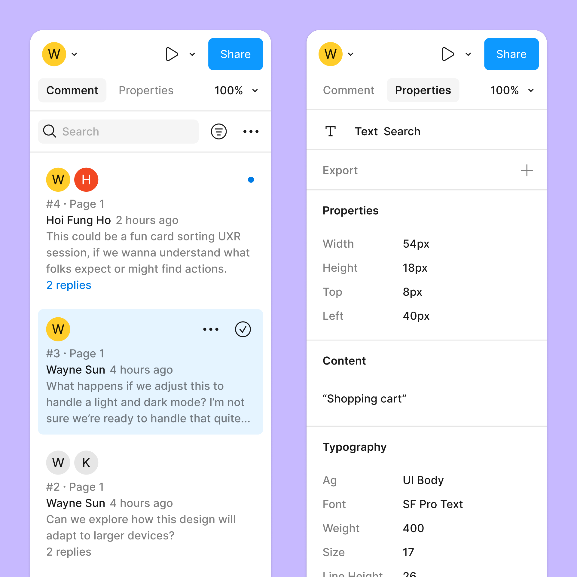 Comparación en paralelo de las pestañas Comentarios y Propiedades, que muestra los comentarios a la izquierda y las propiedades de diseño a la derecha.