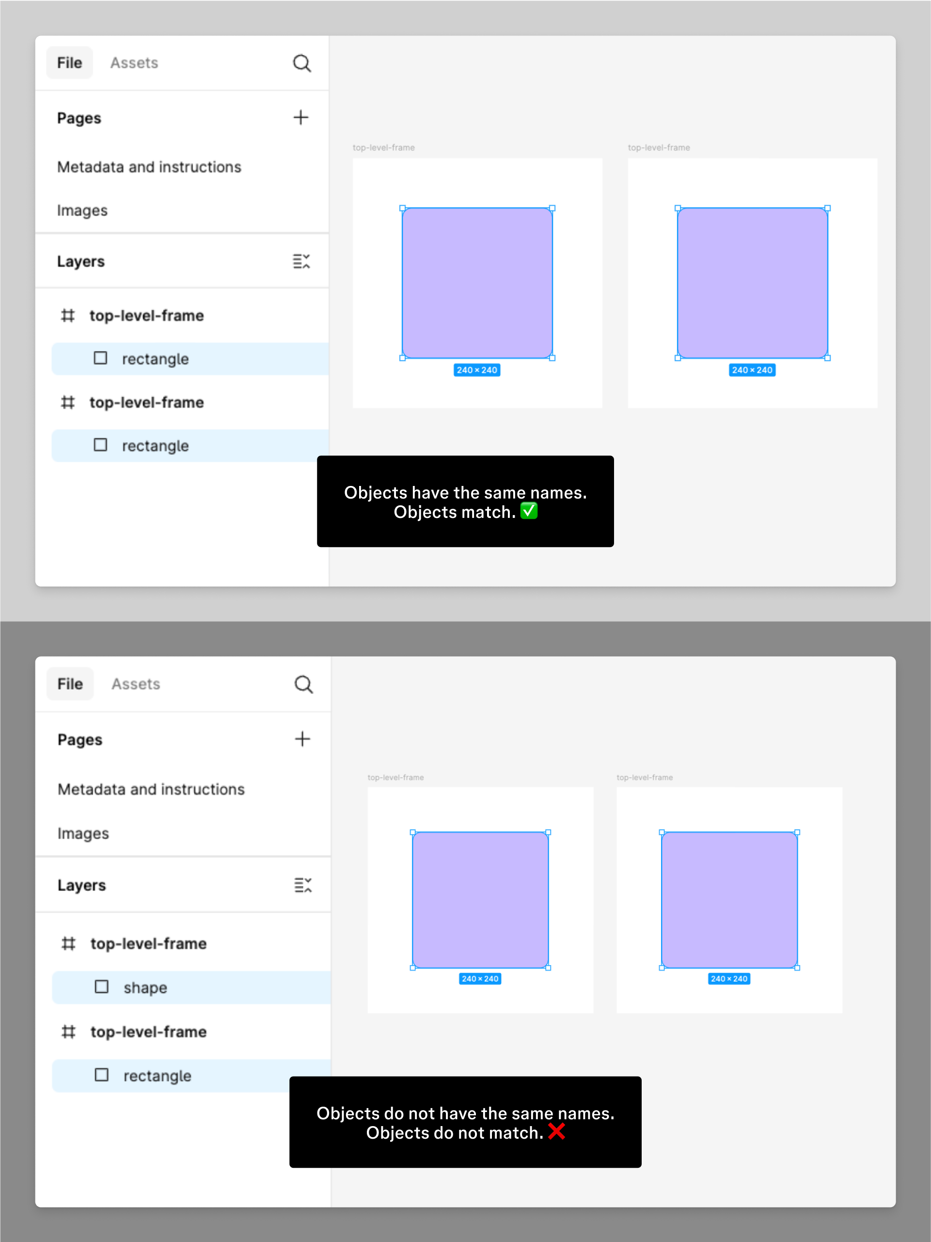 最初の例では、「rectangle」という名前の四角形オブジェクトを含むフレームがあります。2番目のフレームにも同じ名前「rectangle」の四角形オブジェクトがあるため、二つの四角形オブジェクトが一致します。2番目の例では、四角形オブジェクト名「rectangle」を持つフレームがあります。2番目のフレームには「シェイプ」という名前の四角形オブジェクトがあります。この2つの四角形オブジェクトは一致しません。