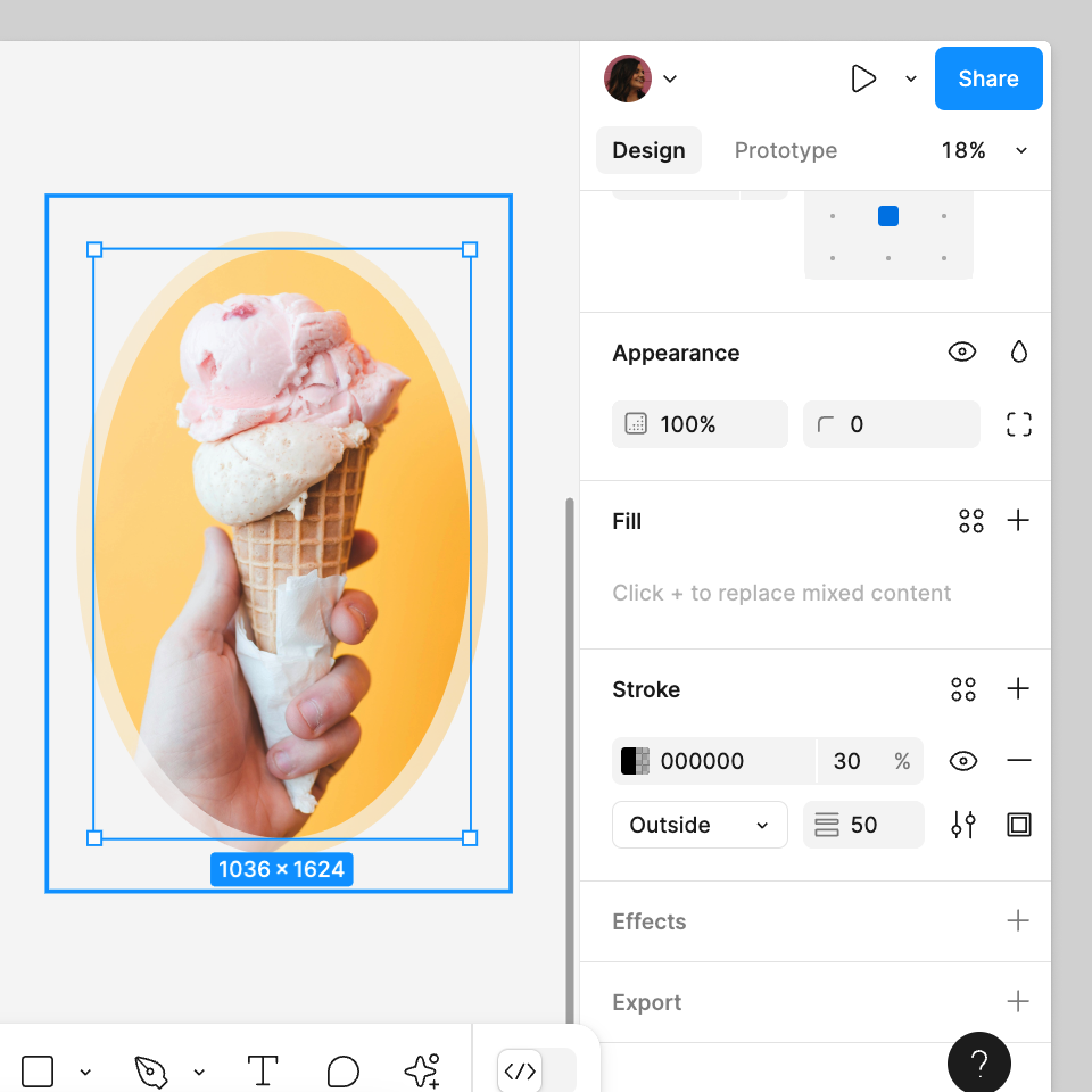 Una máscara que tiene un trazo exterior con un 30 % de opacidad