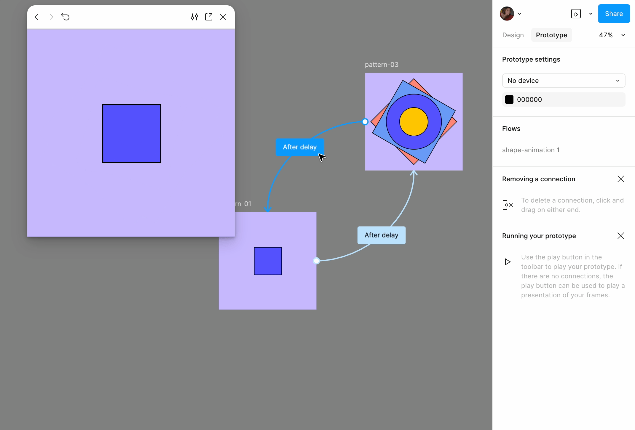 O visualizador embutido mostrando quadrados animados fica acima da tela de trabalho, com o design original na tela de trabalho abaixo