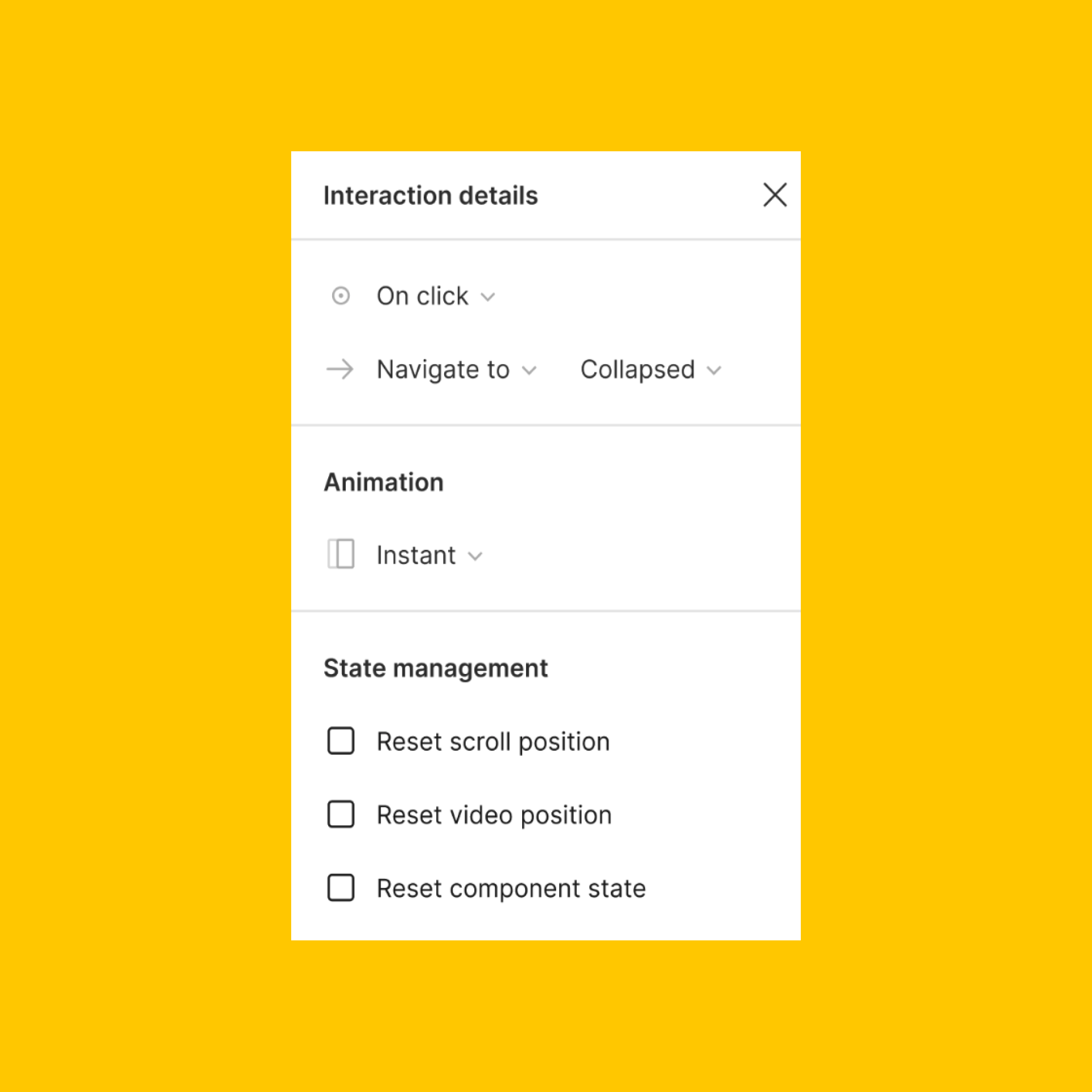 Panneau des détails d'interaction affichant les options de gestion des états : Réinitialiser la position de défilement, position de la vidéo et état du composant.