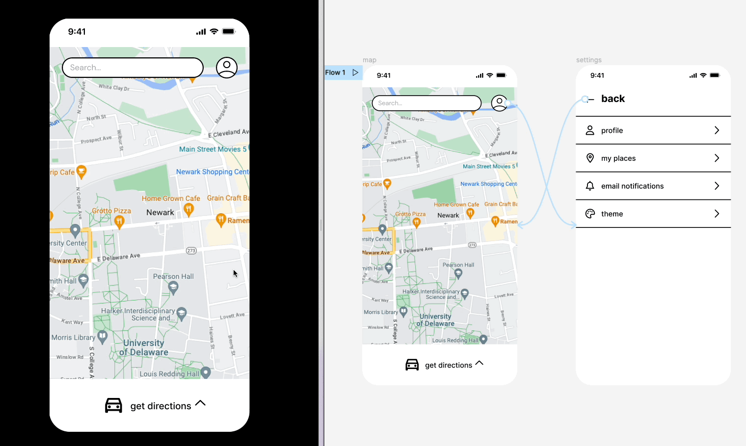 Prototype interactif Figma montrant la navigation sur la carte et la mémorisation des états de la position de défilement à travers les frames.