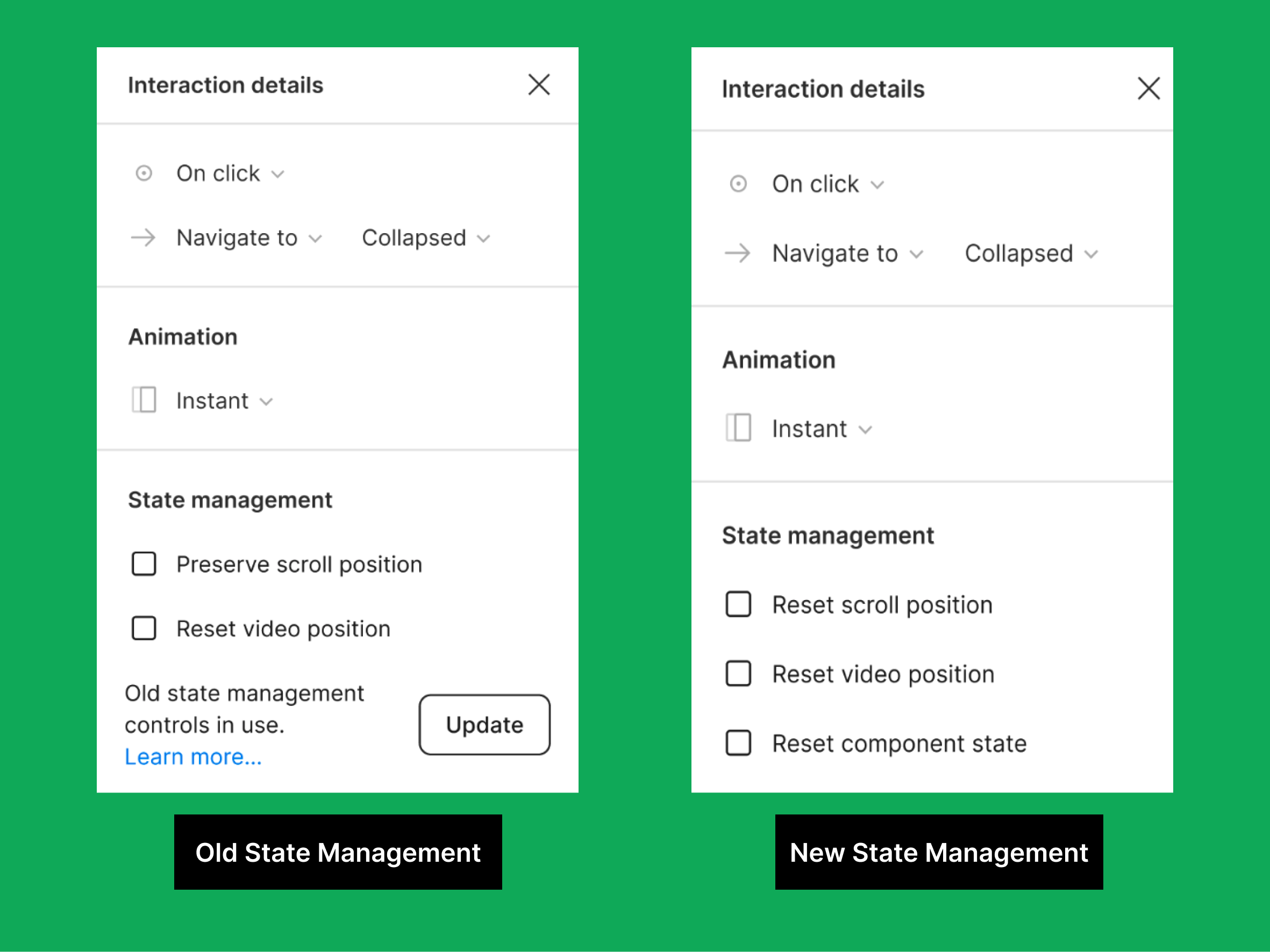 Ancien et nouveau panneau de détails d'interaction comparant les options de gestion des états dans les prototypes, en soulignant les fonctionnalités de réinitialisation.