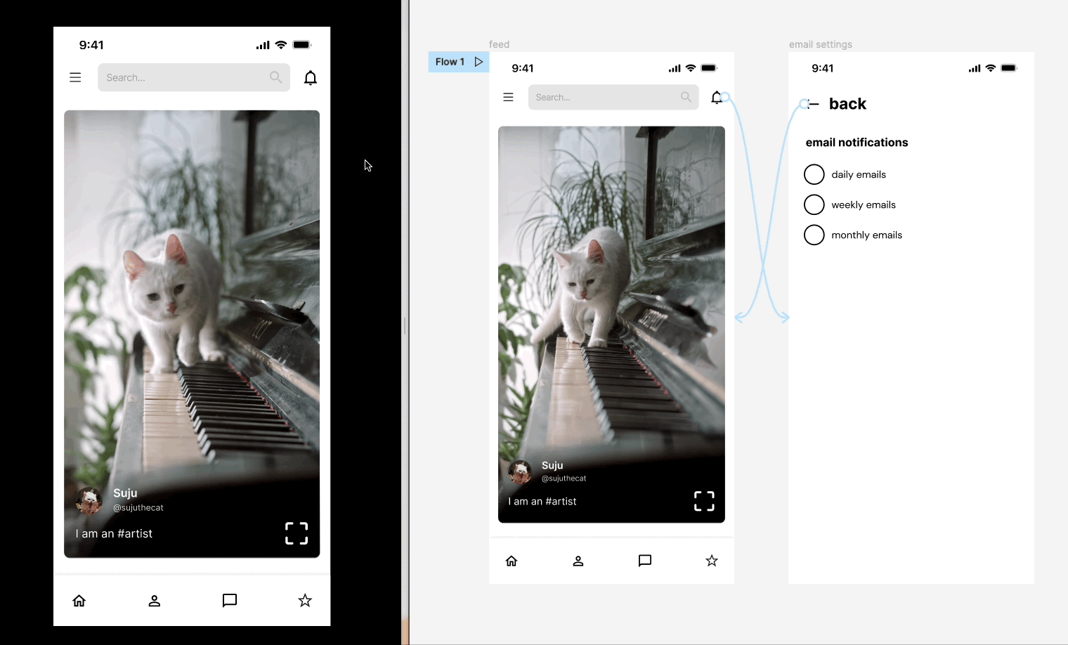 ビデオプレーヤーを示すプロトタイプ。ユーザーが次のフレームに移動すると、動画は最初から再開します。