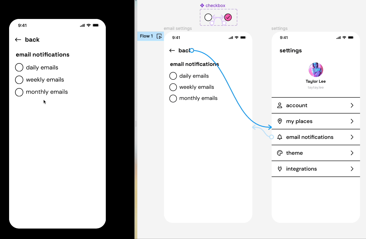 Un prototipo que muestra la página de configuración de correo electrónico con una casilla de verificación para notificaciones. Los estados se preservan al navegar entre marcos.