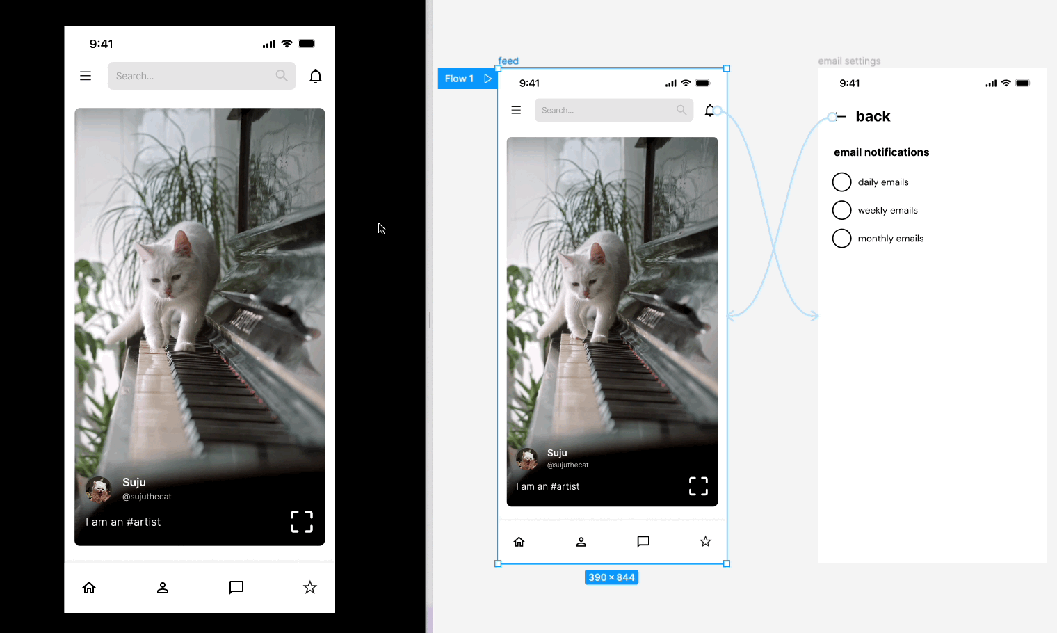 Protótipo mostrando a memorização de estado com uma foto de gato e configurações de email, demonstrando estados preservados entre quadros.