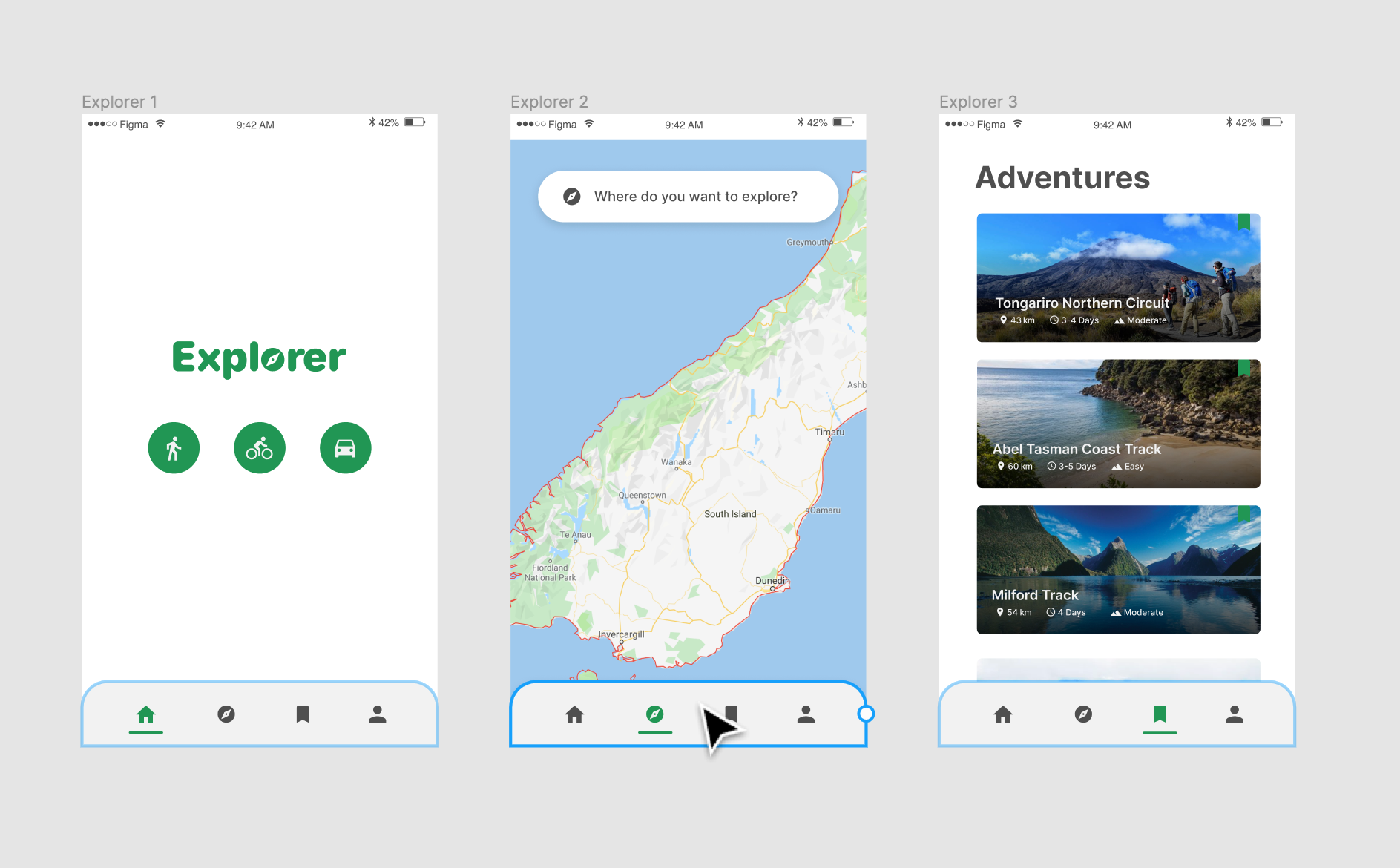Três quadros do Figma mostrando a navegação por um app explorador com barras de navegação correspondentes em todos os quadros.