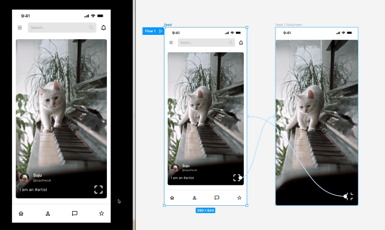 Um protótipo mostrando um player de vídeo. Quando o usuário navega para o próximo quadro, o objeto de vídeo do mapa correspondente no próximo quadro começa a tocar de onde o primeiro vídeo parou.