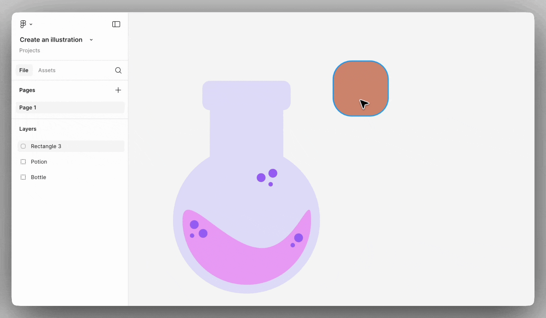 병 레이어 아래로 코르크 레이어를 이동시키는 애니메이션을 시연합니다.