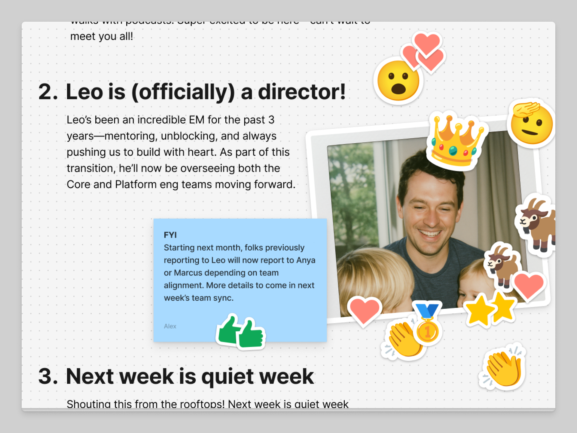 Some text on a FigJam board announcing an employee's promotion, surrounded with different emoji stamps showing enthusiasm.