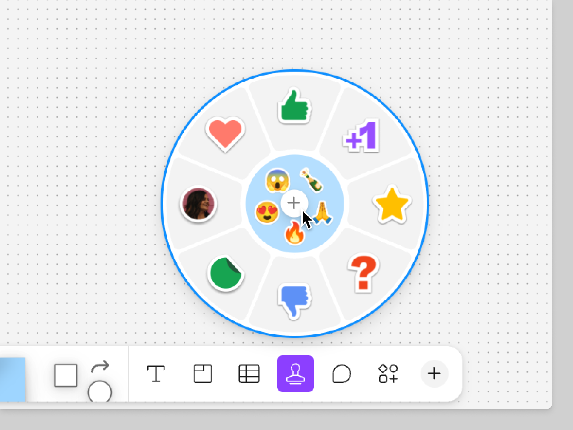 The stamp tool on the bottom toolbar is highlighted, and the stamp wheel is visible.