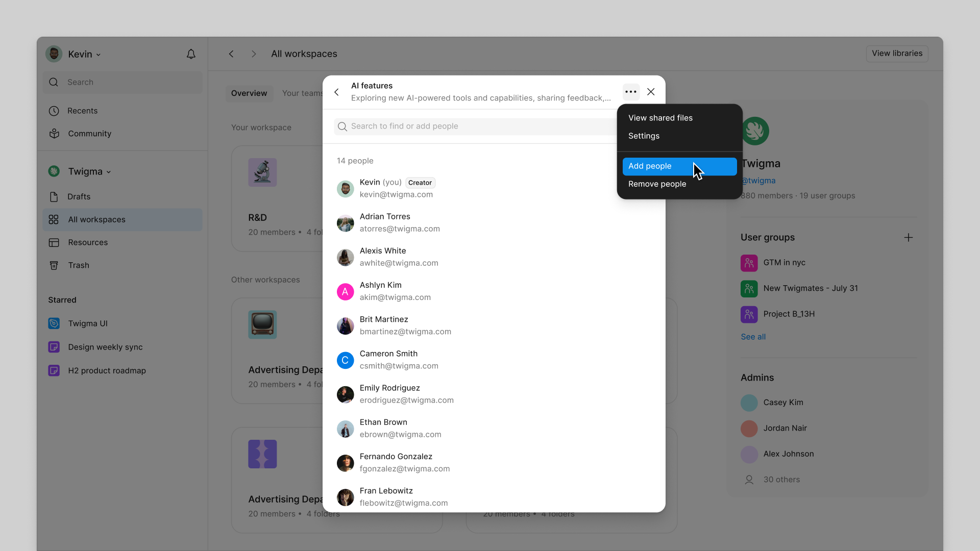 Add or remove users from a group by clicking the Edit icon on the user group modal.