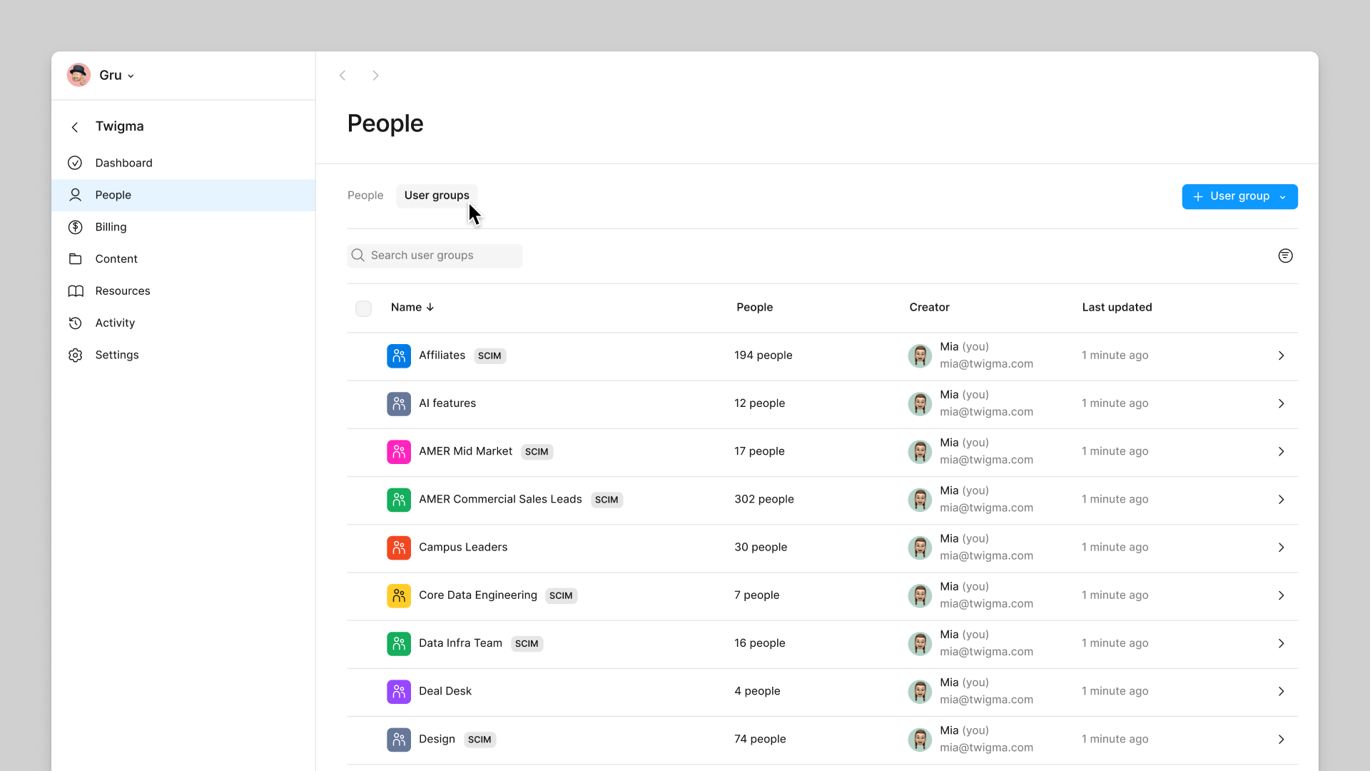 Admins can manage user groups from the People tab of their admin dashboard.