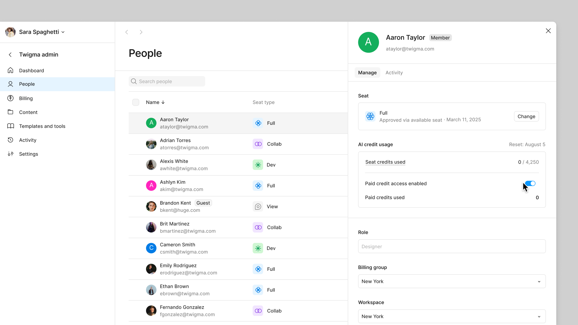 Manage paid credit access from the user flyout on the People tab.